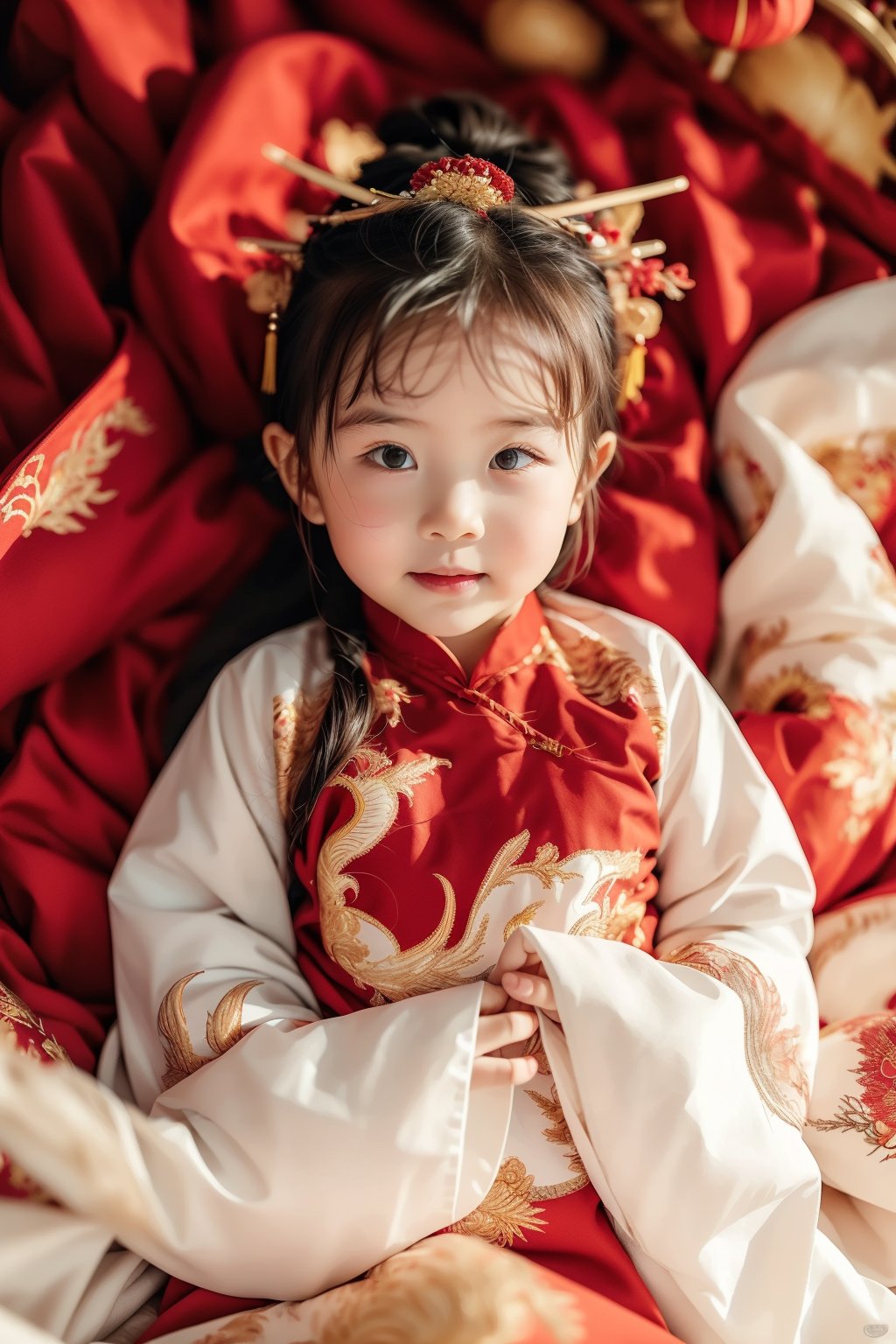 masterpiece,best quality,a little girl dressed in a traditional chinese costume and headpieces,sitting on a bed with a red blanket,