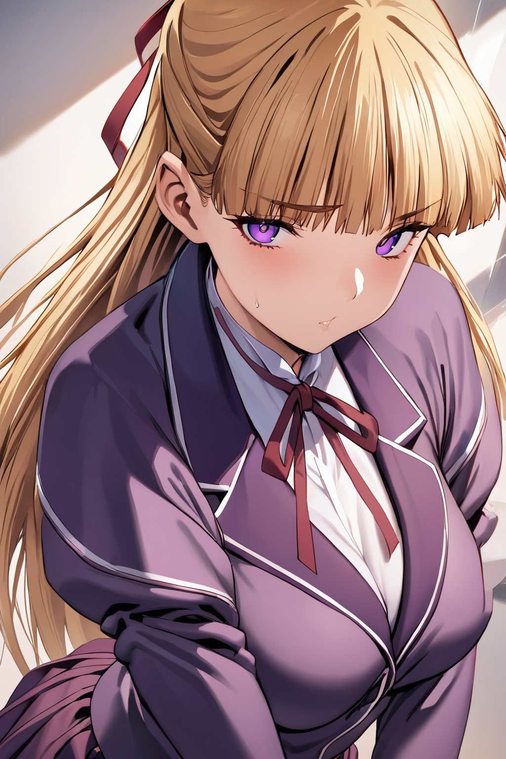 high detailed,very aesthetic,cowboy shot,kanzaki asuka, 1girl, solo, school uniform, purple blazer, purple skirt, half updo, hair ribbon, purple eyes, blonde hair, long hair, blunt bangs, (masterpiece, high-quality, breathtaking, highres, ultra detailed), (expressive eyes, perfect face),  <lora:kanzaki asuka anyt:0.8>