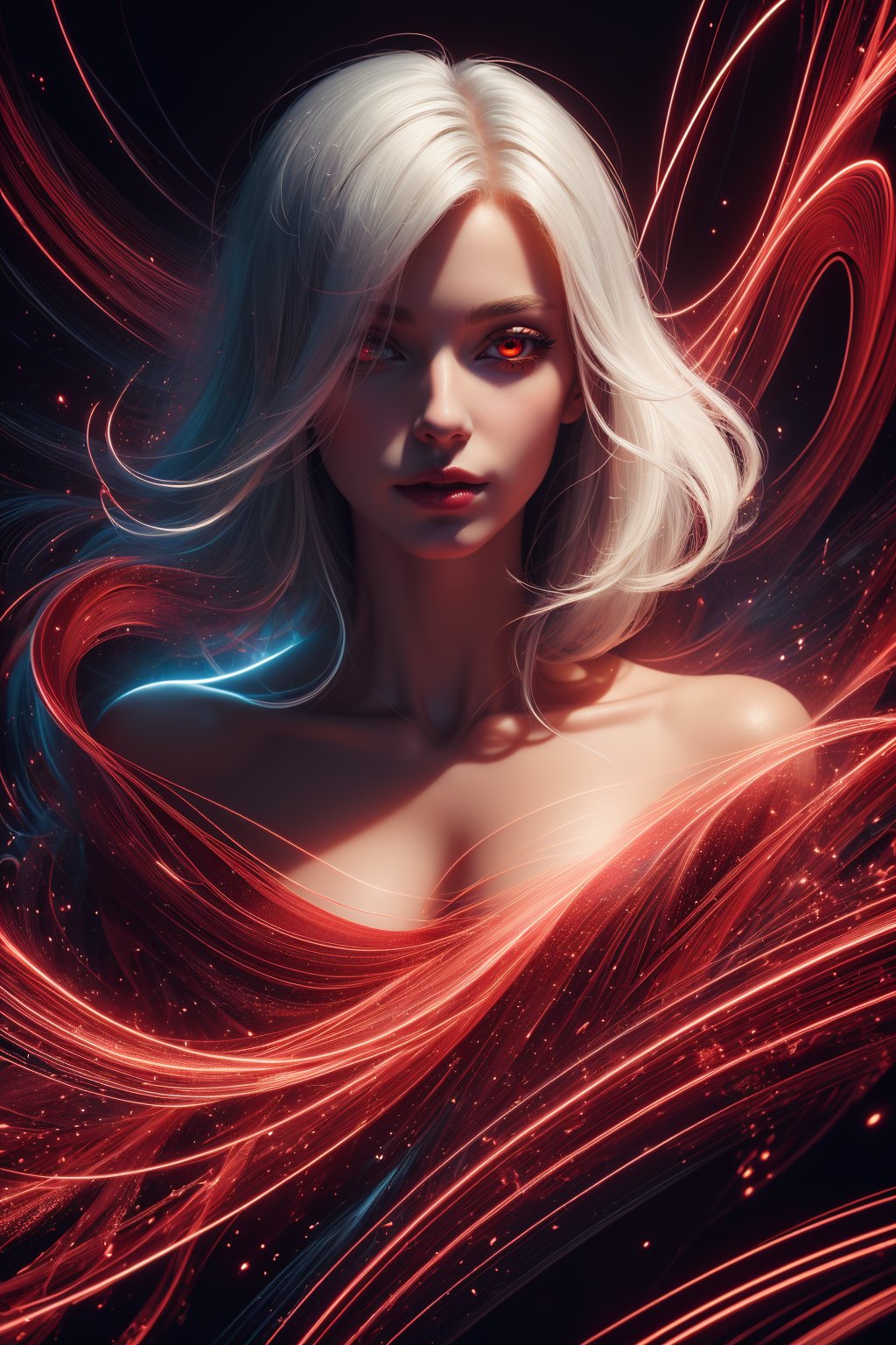 Realistic, (Masterpiece, Top Quality, Best Quality, Official Art, Beauty and Aesthetics: 1.2), Very Detailed, Fractal Art, bzwaves, glowing, light trails, flowing red lines, Colorful, Most Detailed, Zentangle, (Abstract Background: 1.5), 1girl, Goddess, divine, mystical, White Hair, (Glowing Red Eyeysteriouagic)<lora:EMS-306342-EMS:0.800000>