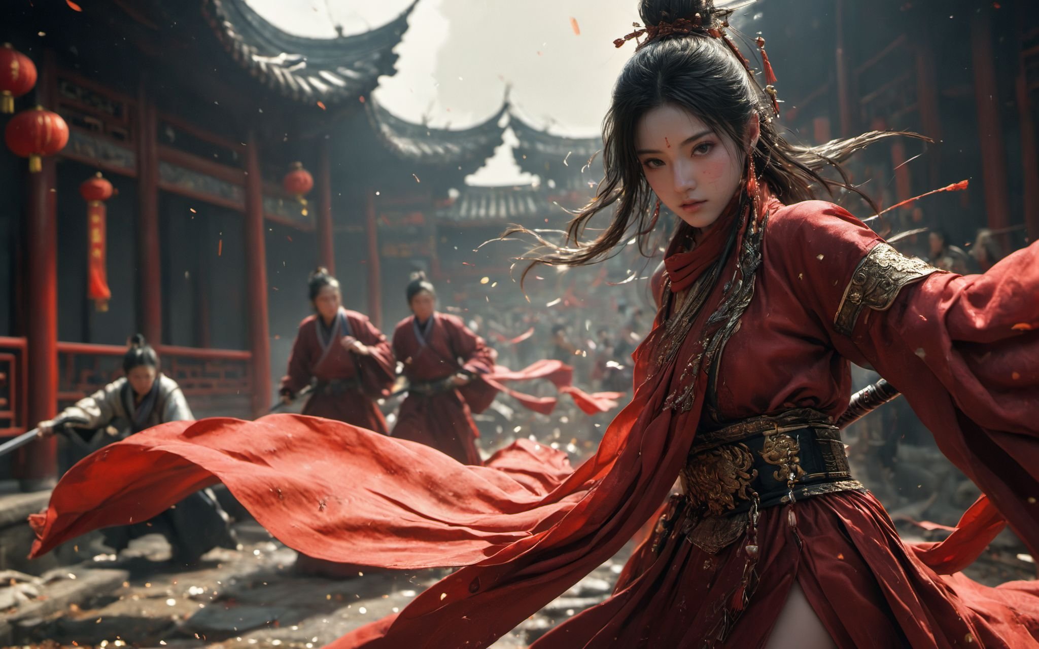 XUER martial arts style,1girl,long hair,looking at viewer,black hair,hair ornament,long sleeves,holding,jewelry,weapon,earrings,multiple boys,solo focus,wide sleeves,scarf,bracelet,chinese clothes,red dress,instrument,red scarf,architecture,east asian architecture,<lora:绪儿XL 武侠:0.8>,highly detailed,ultra-high resolution,32K UHD,low saturations,dim lighting,extremely beautiful skin,natural skin texture,high detailed skin,(detailed skin:1.5),photorealistic,extreme detail,lifelike,crisp,precise,35mm photograph,film,bokeh,professional,highly detailed,A shot with tension,(Visual impact,giving the poster a dynamic and visually striking appearance:1.2),impactful picture,golden hour,offcial art,colorful,splash of color,movie perspective,very aesthetic,disheveled hair,perfect composition,moist skin,intricate details,moody,epic,photorealistic,color graded cinematic,atmospheric lighting,award winning photo,film grain,(glaring:1.2),disgust,jitome,panorama,huge filesize,(wide shot, wide-angle lens,Panoramic:1.2),super vista,super wide Angle,Low Angle shooting,super wide lens,(full body:1.5),