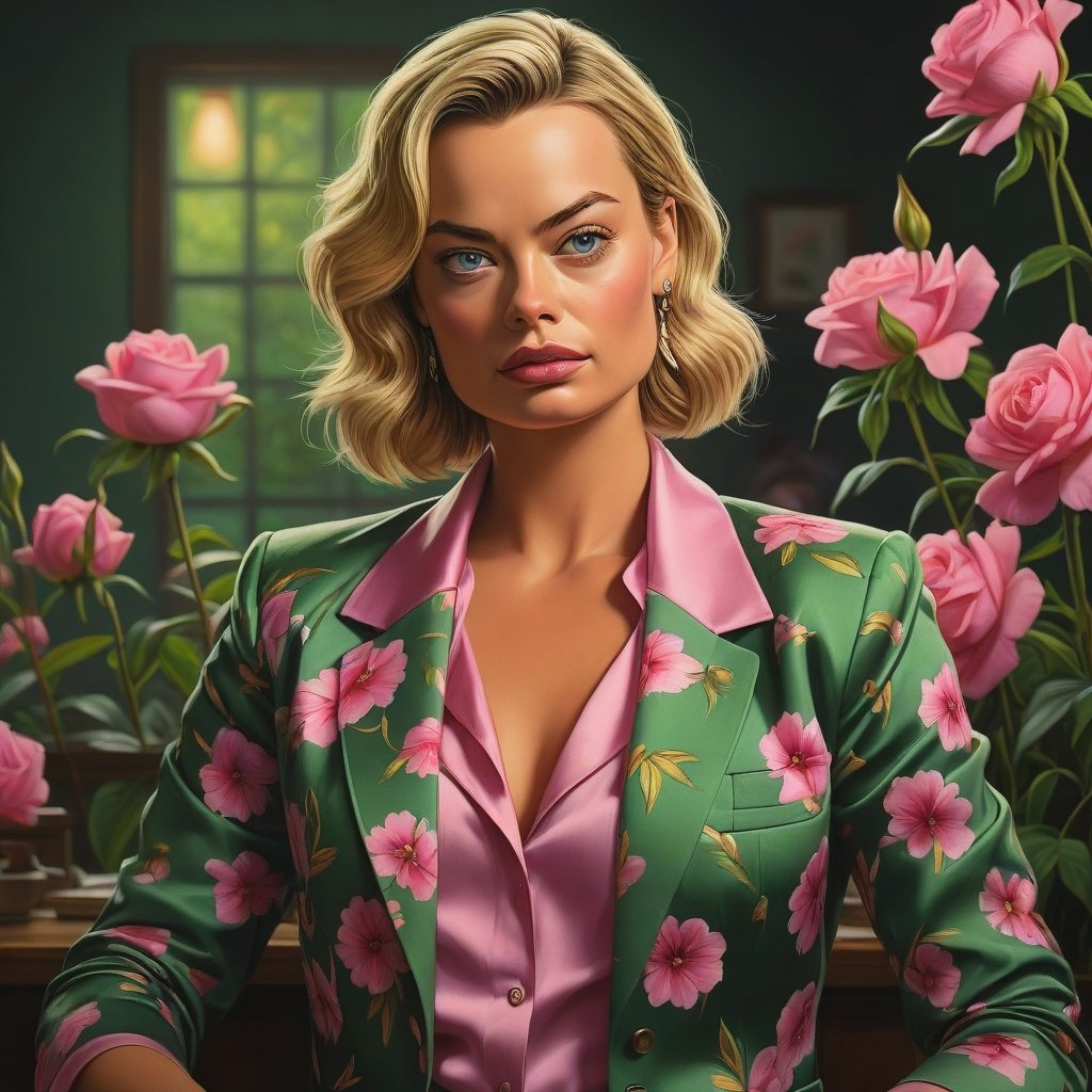 (by Mark Keathley:1.3) , mundane Vector Art, On pale black paper, Margot Robbie wearing A green and pink floral blazer with a pink silk tank top while Picking at nails, highly detailed, Hurricane, Sharp and in focus, Wonder, short lighting, defiant, challenging stare, arms crossed 