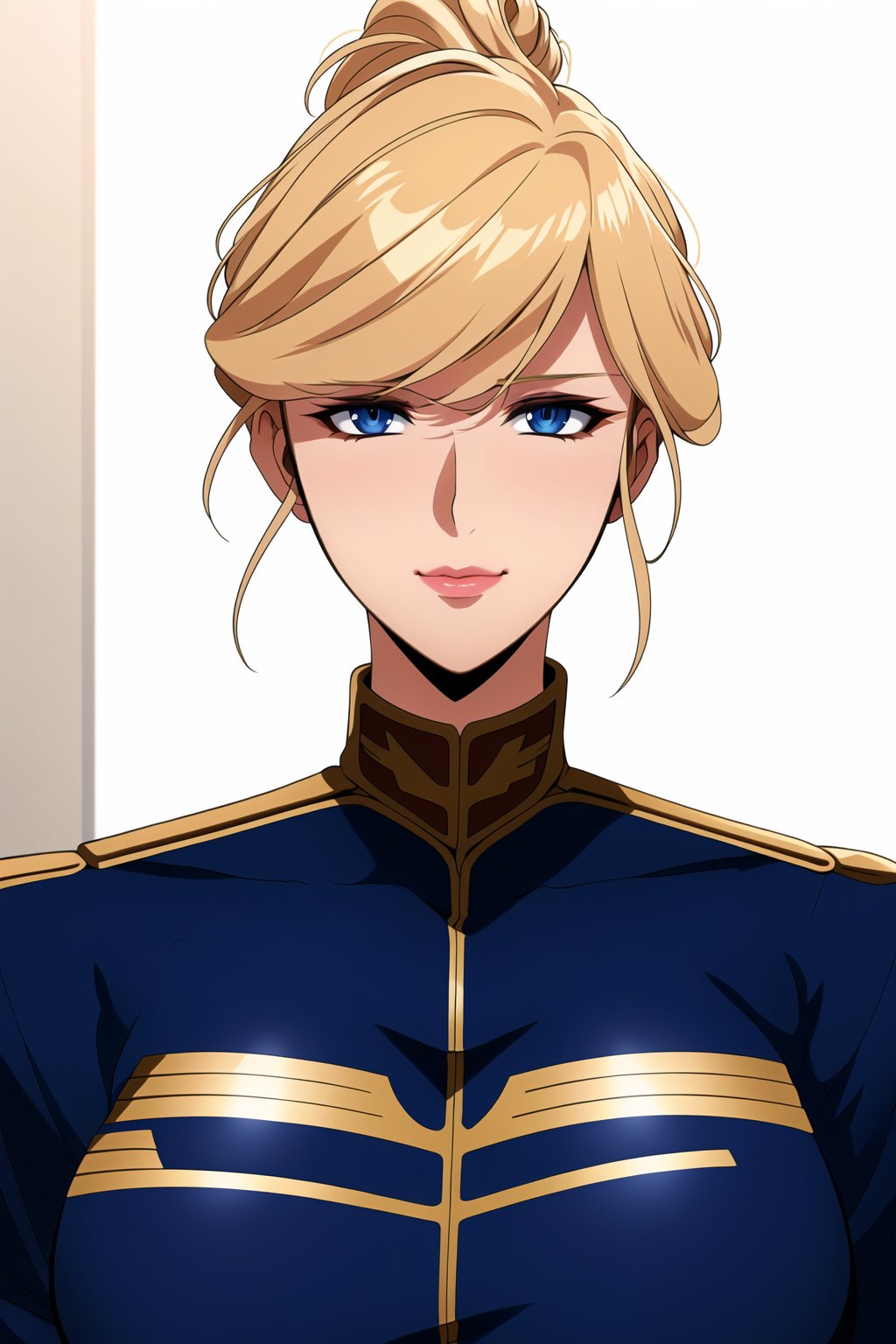 Simple White Background,Blue_military_uniform,pantyhose, a uniform with gold trims and a collar,shirt,belt,<lora:Cynthia_08_Gundam-KK77-V1:0.7>,blonde hair,blue eyes,lipstick, Bangs,Hair_bun,<lora:Oda_Non_Style-KK77-V2:0.3>,<lora:more_details:0.1>,1 girl, 20yo,Young female,Beautiful Finger,Beautiful long legs,Beautiful body,Beautiful Nose,Beautiful character design, perfect eyes, perfect face,expressive eyes,perfect balance,looking at viewer,(Focus on her face),closed mouth, (innocent_big_eyes:1.0),Light_Smile,official art,extremely detailed CG unity 8k wallpaper, perfect lighting,Colorful, Bright_Front_face_Lighting,shiny skin,(masterpiece:1.0),(best_quality:1.0), ultra high res,4K,ultra-detailed,photography, 8K, HDR, highres, absurdres:1.2, Kodak portra 400, film grain, blurry background, bokeh:1.2, lens flare, (vibrant_color:1.2),professional photograph,(Beautiful,large_Breasts:1.6), (beautiful_face:1.5),(narrow_waist),