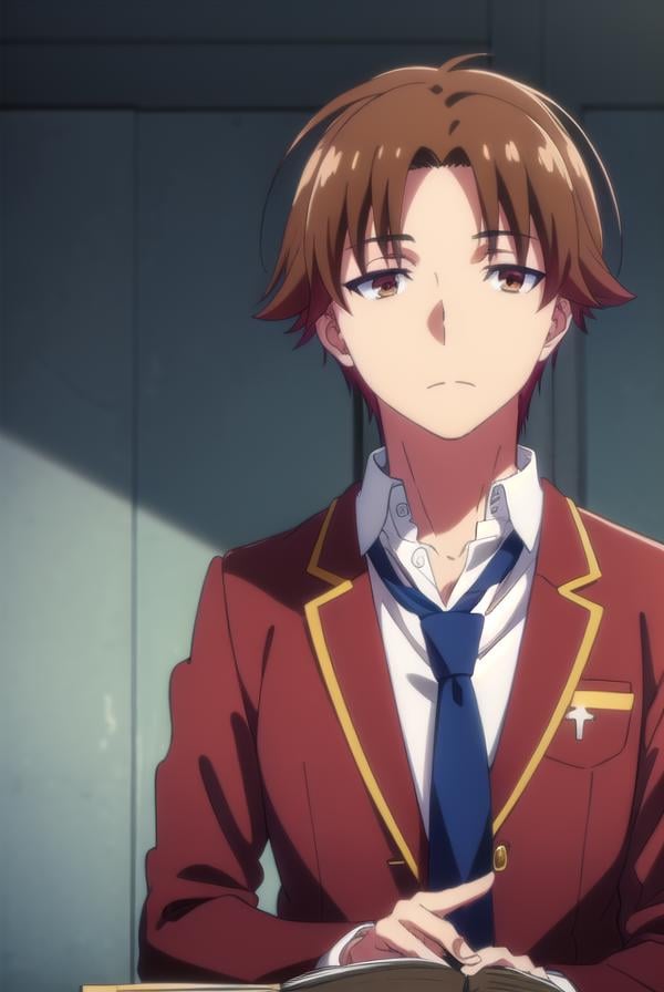 kiyotakaayanokouji, <lora:kiyotaka ayanokouji s2-lora-nochekaiser:1>,kiyotaka ayanokouji, brown hair, (brown eyes:1.5), male focus, (parted bangs:1.5), short hair,BREAK school uniform, jacket, necktie, blazer, blue necktie, shirt, white shirt, collared shirt, (red blazer:1.5),BREAK indoors, classroom,BREAK looking at viewer, (cowboy shot:1.5),BREAK <lyco:GoodHands-beta2:1>, (masterpiece:1.2), best quality, high resolution, unity 8k wallpaper, (illustration:0.8), (beautiful detailed eyes:1.6), extremely detailed face, perfect lighting, extremely detailed CG, (perfect hands, perfect anatomy),