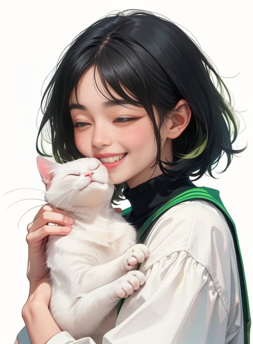 Upper body, Sky, Indoors, white background,  1boy, (solo:1.3), holding the cat, (imminent kiss the cat:1.3), ragdoll, (close your eyes:1.3), (grin:1.3), (Short black hair:1.3), white cat, (cat's eyes are green:1.3),Face to face,