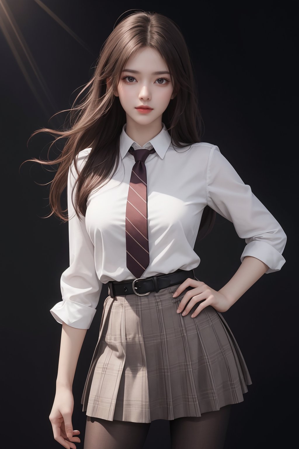 masterpiece,best quality,official art,extremely detailed CG unity 8k wallpaper,realistic,light rays,light particles,1girl,solo,skirt,pantyhose,plaid skirt,black hair,long  hair,pantyhose,standing,day,(simple background:1.2),necktie,dynamic pose,looking at viewer,cowboy shot,breasts,hand on hip,belt,lips, <lora:jk美女:0.8>