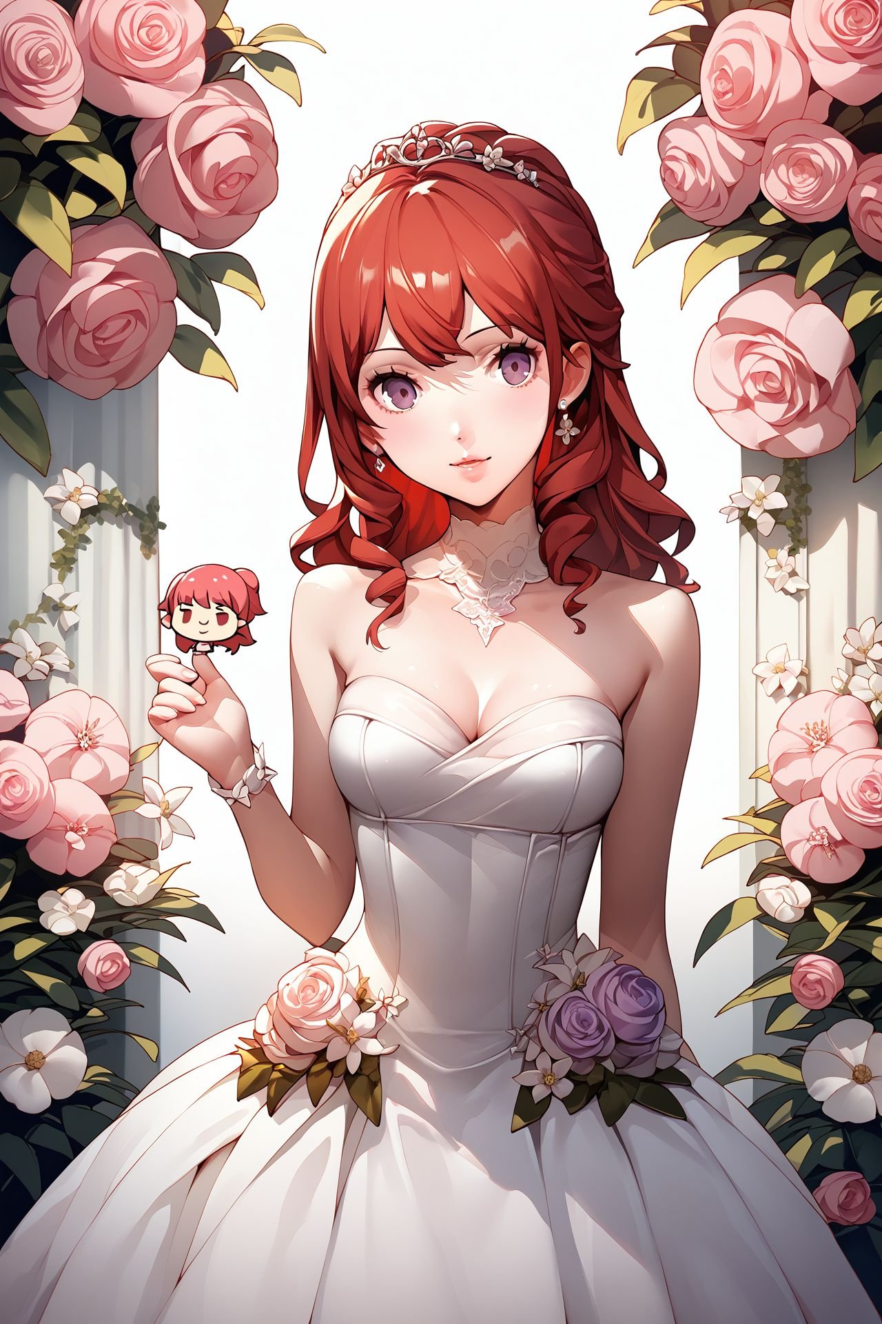 score_9, score_8_up, score_7_up, 1girl, :3, looking at viewer, red hair, bangs, dark_purple eyes, medium breasts, wedding dress, Satin_Flowers \(flower\), chibi_inset <lora:Soejima_Shigenori_PonyXL_style_v01:1>