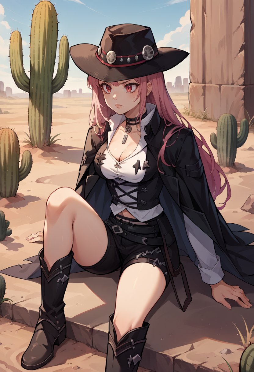 score_9, score_8_up, source_anime, 1girl, solo, MoriSheriff, long hair, choker, black cowboy hat, white shirt, cleavage, black vest, belt, black shorts, knee boots, black coat, outdoors, cactus, wild west, tumbleweed, <lora:CHAR-MoriCalliopePonyXL:1>