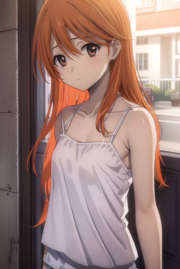 yuuashikaga, <lora:yuuki ashikaga-lora-nochekaiser:1>,yuu ashikaga crossdress casual, long hair, collarbone, (brown eyes:1.5), (orange hair:1.5), camisole, (white camisole:1.5), bare shoulders,BREAK ,BREAK indoors,BREAK looking at viewer, (cowboy shot:1.5),BREAK <lyco:GoodHands-beta2:1>, (masterpiece:1.2), best quality, high resolution, unity 8k wallpaper, (illustration:0.8), (beautiful detailed eyes:1.6), extremely detailed face, perfect lighting, extremely detailed CG, (perfect hands, perfect anatomy),