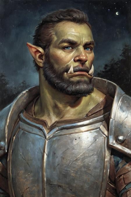 score_9, score_8_up, score_7_up, rating_safe, oil painting, traditional media, realistic, 1boy, solo, male focus, mature male, orc, green skin, tusks, blue eyes, short hair, black hair, facial hair, beard, mustache, looking at viewer, armor, shoulder armor, breastplate, pauldrons, upper body, closed mouth, standing, outdoors, night, night sky, dark background <lora:Cold Oil Gothic Style SDXL_LoRA_Pony Diffusion V6 XL:1>