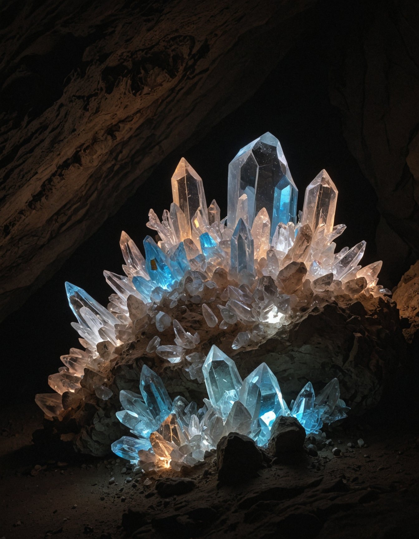 glowing crystals in the cave, refraction, translucent, illumination