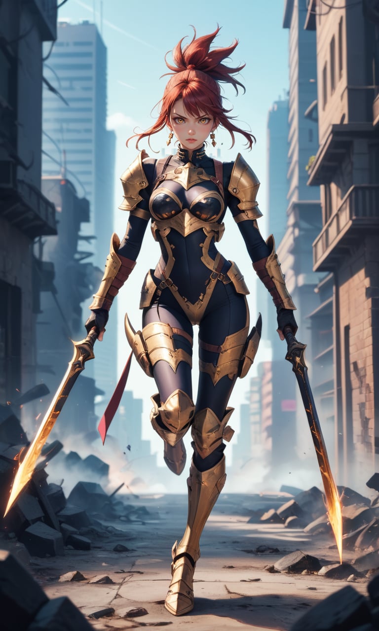 score_9, score_8_up, score_7_up, full body female spacepunk knight with a stern look, holding a weapon, jumping, (city ​​in rubble background), character design inspired by Yoji Shinkawa and Tsutomu Nihei, black and yellow, battle-worn armored and elegant, seductive, innocent, (depth of field), (fine textures details)