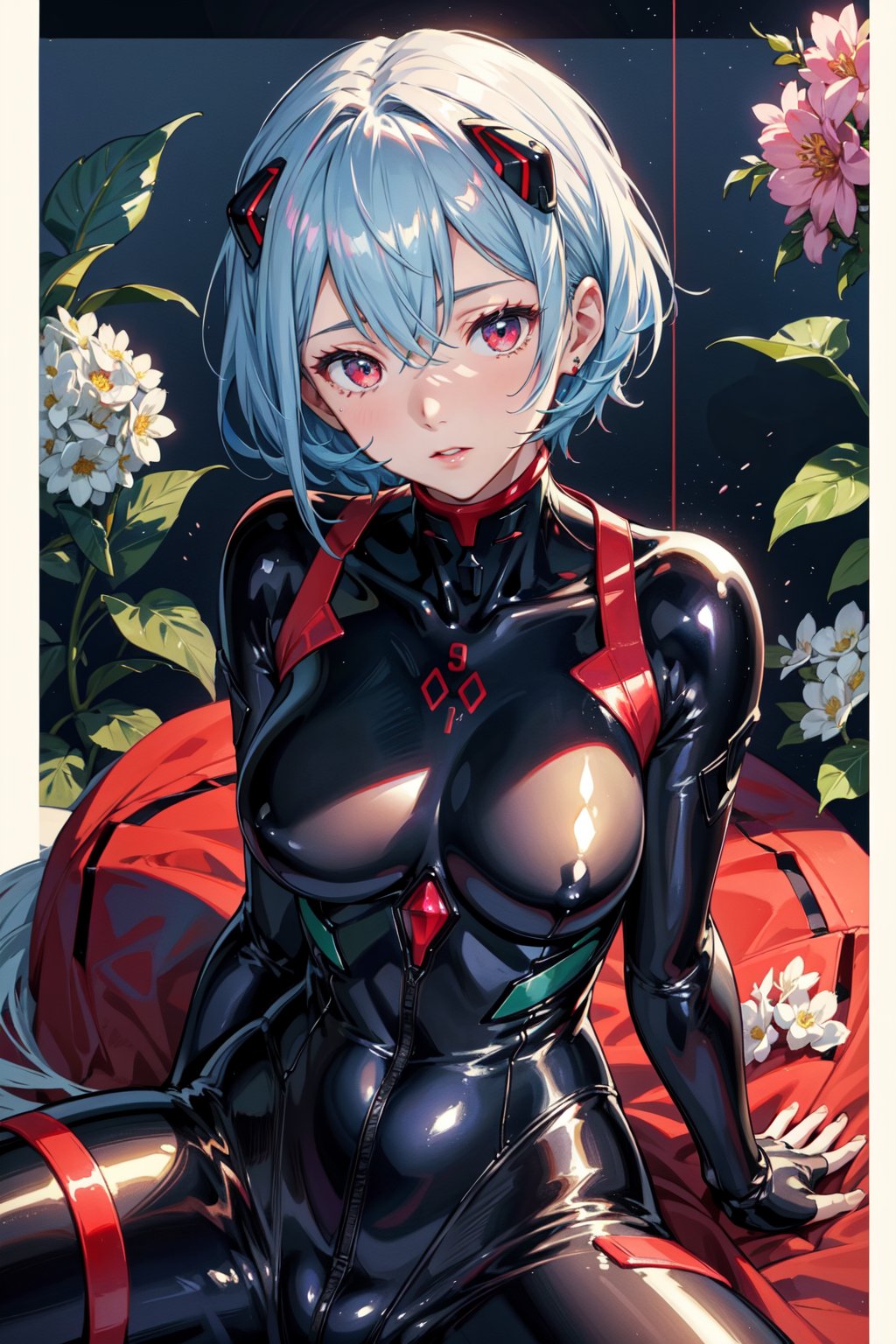 <lora:Rei-000011:0.6>,Rei CYQL,1girl,looking at viewer,solo,blue hair,red eyes,hair between eyes,medium breasts,(Rei 09,short hair,black bodysuit,plugsuit,interface headset,bodysuit,two-tone sleeves),(smug:1.2),beautiful face,beautiful eyes,glossy skin,shiny skin,(upper_body,from_above,spread legs:1.2),arms at sides,Skywalk in city elevated park, Elevated, Views, Greenery, Urban,Hydrangeas, Concert stage, Twilight, Music, Entertainment,beautiful detailed sky,beautiful detailed glow,(English text:1.3),(border:1.5),posing in front of a colorful and dynamic background,(masterpiece, best quality, beautiful and aesthetic:1.3),contrapposto,female focus,fine fabric emphasis,wallpaper,fashion,Lipstick,depth of field,intricate_detail,finely_detailed,fine_fabric_emphasis,(glossy),<lora:增强减少细节add_detail:0.3>,