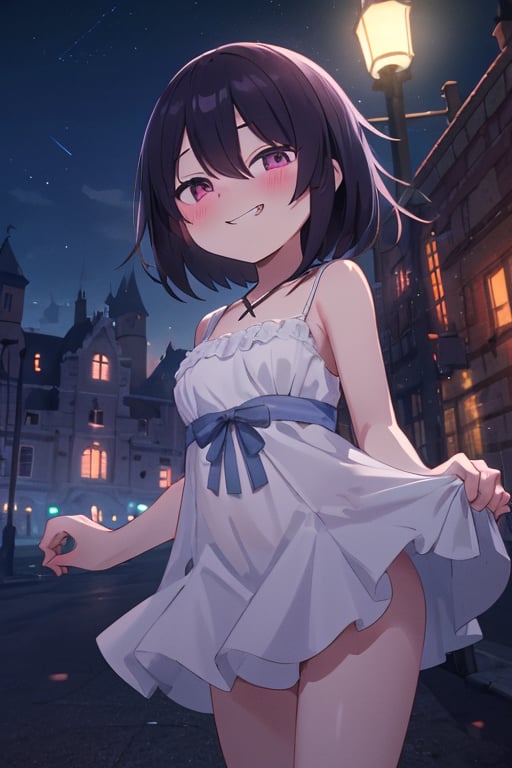 (masterpiece, best quality:1.4),1girl,mesugaki,(evil smile:0.8),<lora:mesugaki:0.7>,white dress,castle,night_sky,Cinematic Lighting,city_lights,