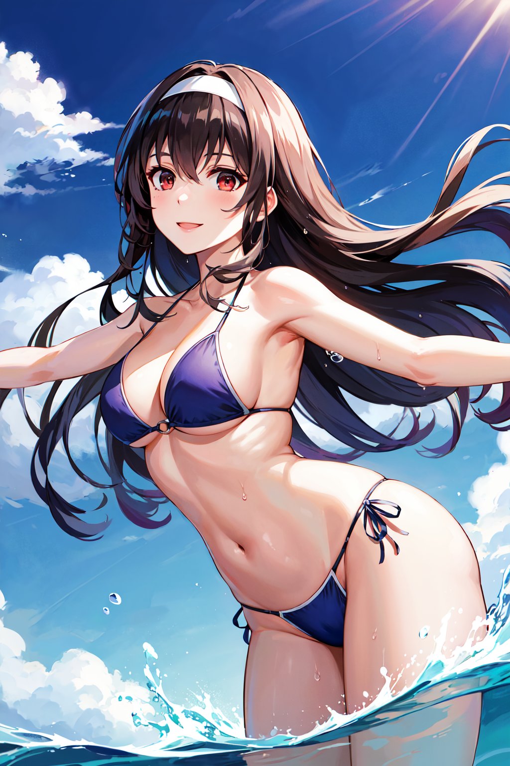 masterpiece, best quality, highres, aautaha, long hair, black hair, hairband, blue bikini, side-tie bikini bottom, <lora:kasumigaoka_utaha_v2-1:0.7>, water, blue sky, outdoors, partially submerged, smile, outstretched arms, wet