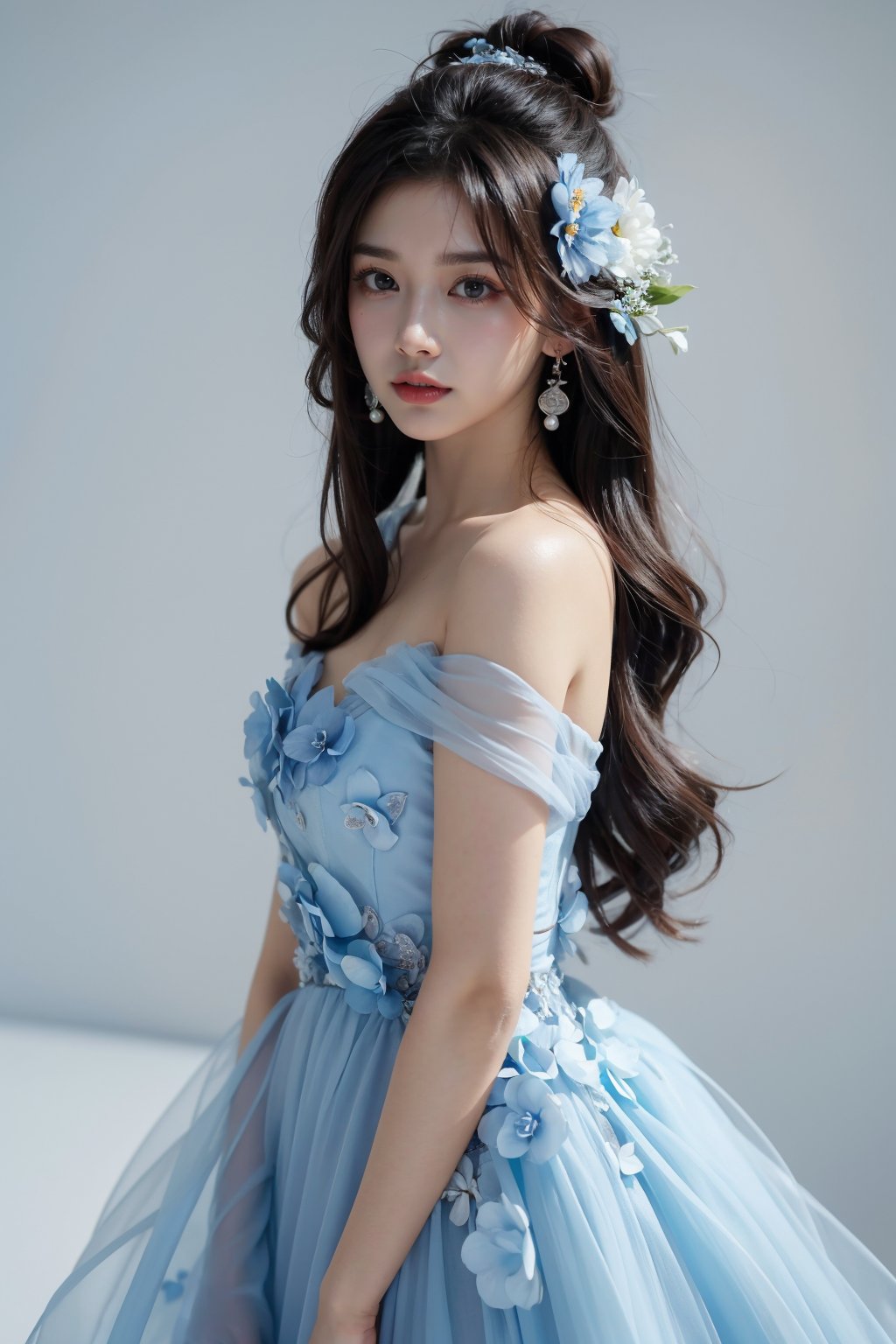 photorealistic,realistic,photography,masterpiece,best quality,ultra-detailed,extremely detailed CG unity 8k wallpaper,(reality: 1.4),1girl,solo, standing,black hair,long hair,hair ornament,looking at viewer,solo,looking at viewer,brown hair,black hair,hair ornament,dress,bare shoulders,jewelry,collarbone,flower,earrings,hair flower,hair bun,white background,blue flower dress, indoor studio<lora:JAY - BLUE FLOWER DRESS:0.8>, (best quality:1.3)