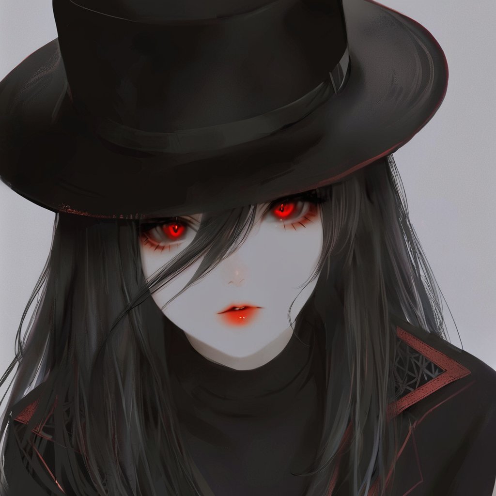 1girl,solo,black hair,hat,grey background,long hair,looking at viewer,black headwear,hair between eyes,simple background,upper body,red lips,red pupils,closed mouth,bangs,red eyes,black shirt,parted lips,glowing eyes,shirt,lips,glowing,<lora:厚涂风格-000007:1>,