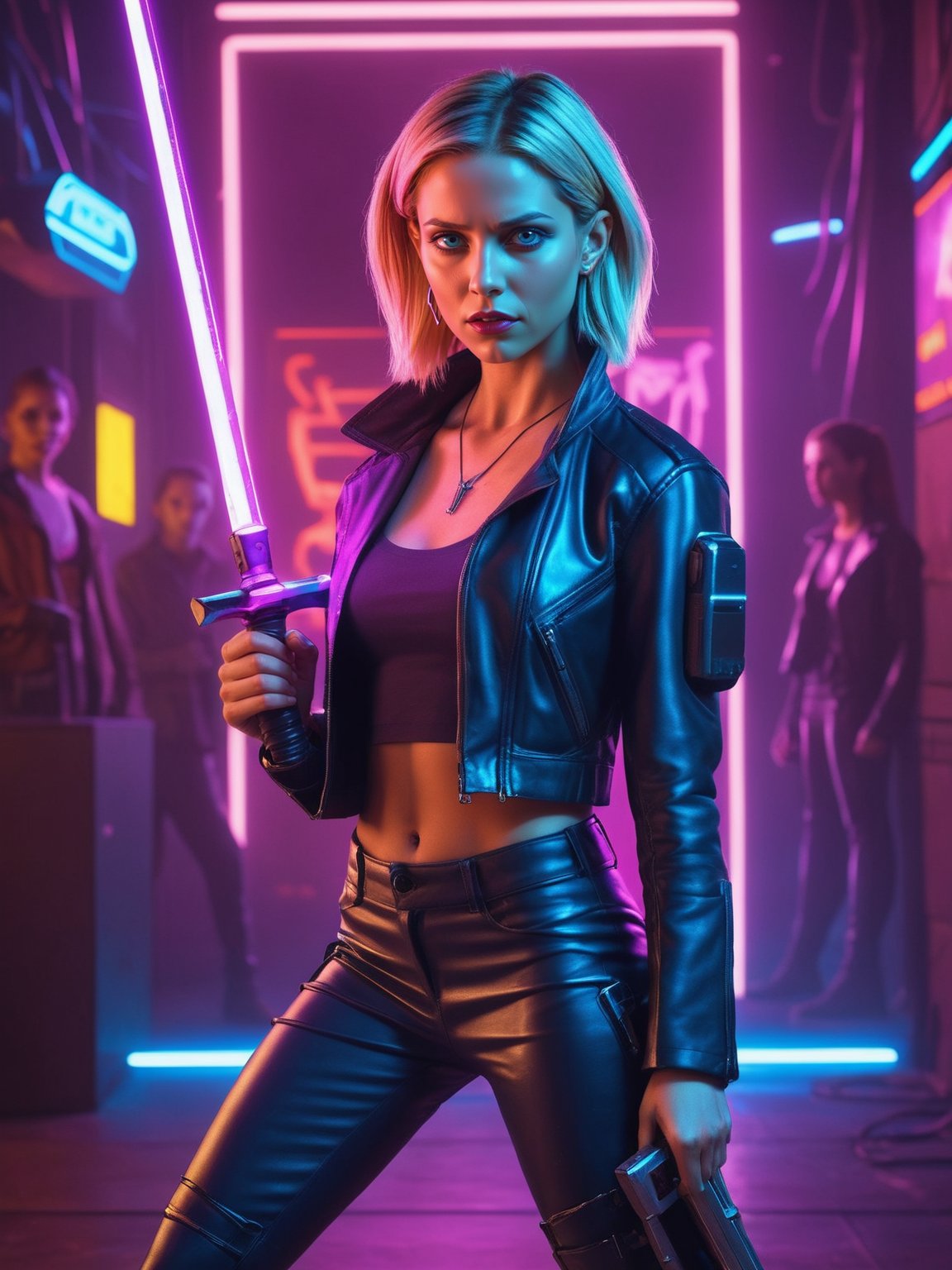 portrait of Buffy the vampire slayer, neon cyberpunk style, fighting cybernetic vampires, metal stake, science-fiction, realistic TV show still, 