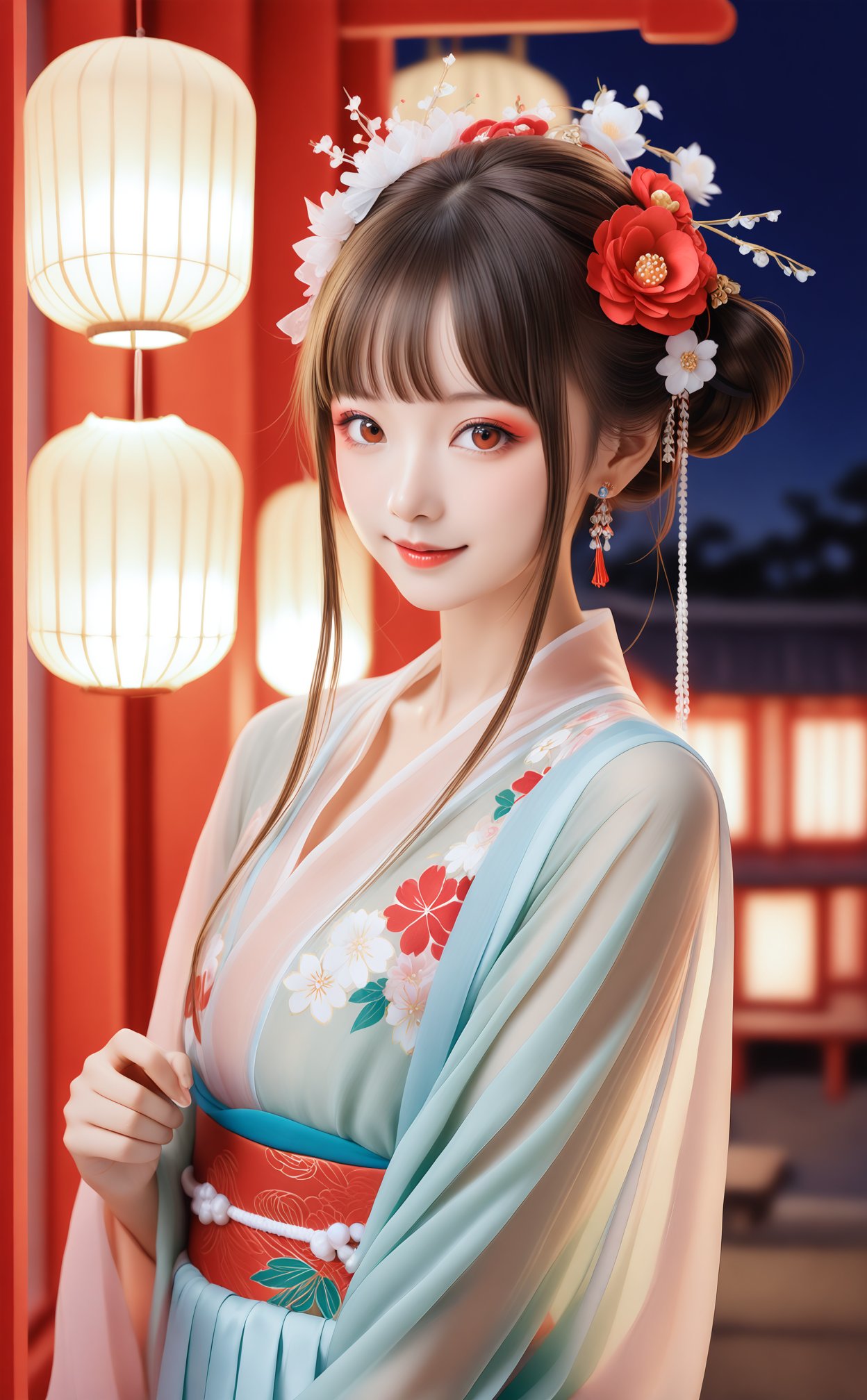 masterpiece,best quality,high quality,1girl,flower,hair ornament,solo,hanfu,hair flower,brown hair,earrings,smile,jewelry,upper body,paper lantern,looking at viewer,lantern,floral print,blurry,realistic,blurry background,closed mouth,brown eyes,blunt bangs,red eyes,sash,red flower,camellia,kanzashi,lips,red lips,makeup,depth of field,see-through,obi,east asian architecture,night,sidelocks,hair bun,nose,architecture,