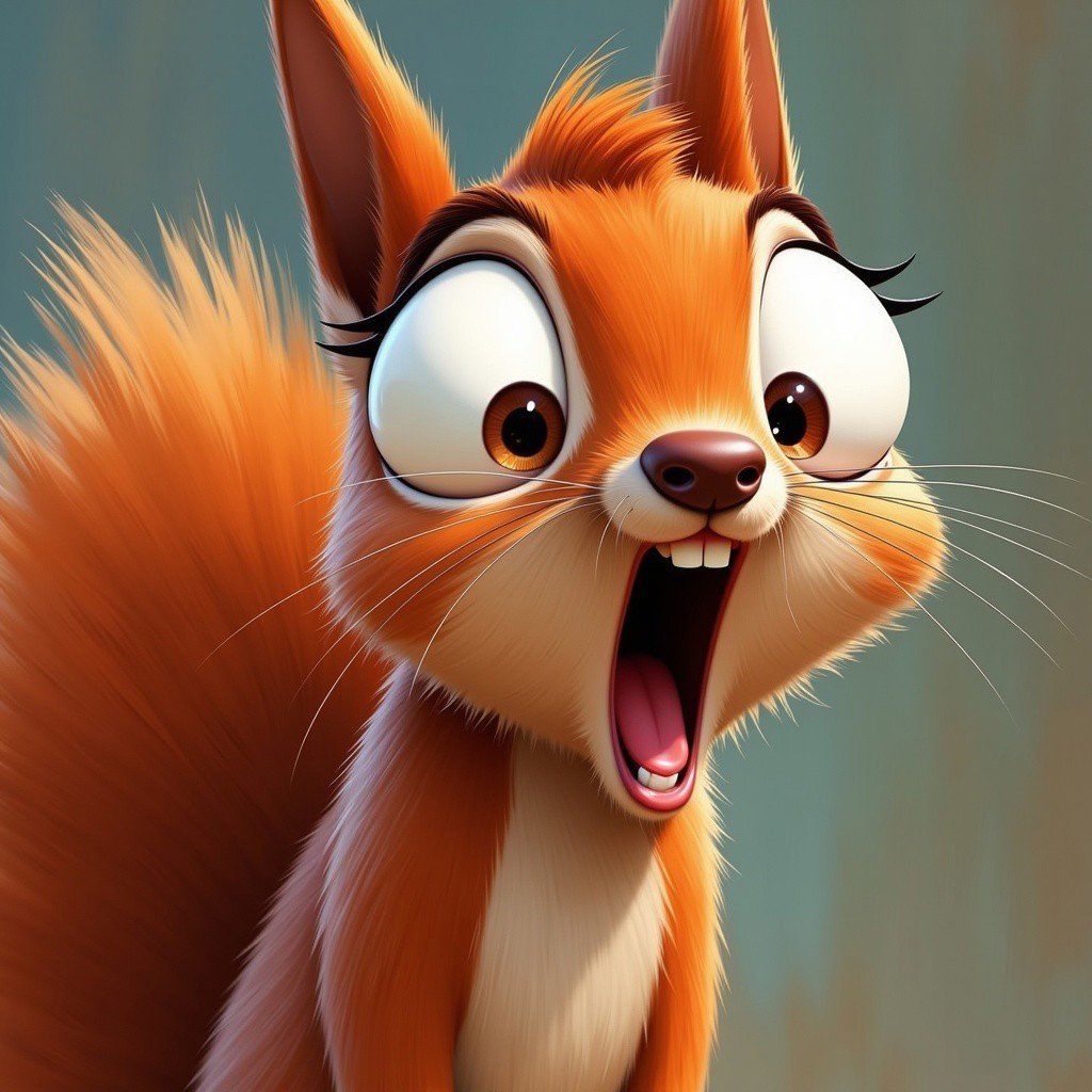 funny animals, "Digital painting of a surprised squirrel, close-up portrait, big expressive eyes, open mouth, detailed fur, orange and brown colors, dynamic brushstrokes, abstract background, whimsical style, high contrast, 4K resolution"