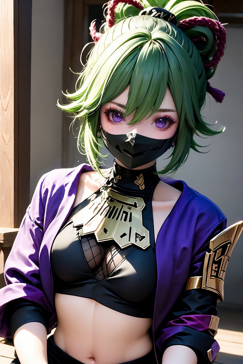 1girl, kuki shinobu, solo, green hair, navel, mouth mask, mask, looking at viewer, breasts, midriff, crop top, hair between eyes, jacket, upper body, purple jacket, ninja mask, medium breasts, stomach, shirt, purple eyes, armor, sleeveless, black shirt, bare shoulders, cleavage, ninja, ponytail, rope, fishnets, black mask, sleeveless shirt, open clothes, cropped jacket, sidelocks, makeup