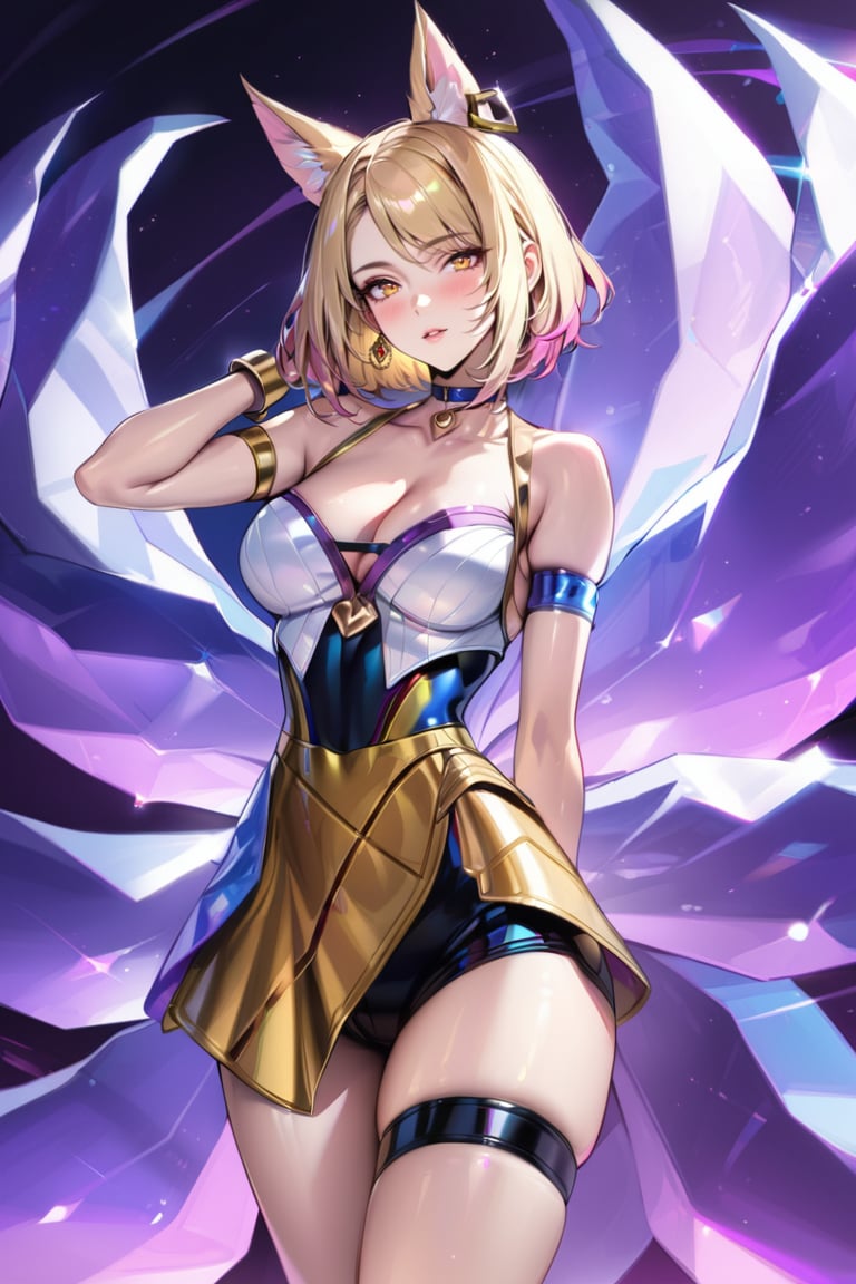 (Masterpiece), mature, HDR,UHD,8K, best quality, Highly detailed, physically-based rendering, extreme detail description, perfect skin, shiny skin, shiny hair,perfect face, 1girl, kda2, blonde hair, yellow eyes, thighighs, facial mark, animal ears, tail, choker, bare shoulders, arm straps, short hair, bracelet, jewelery, choker, multiple tails, idol, cleavage, fox ears, earrings, thighs, magenta tail, golden dress, dress,Ahri<lora:EMS-335737-EMS:0.600000>, <lora:EMS-388761-EMS:0.100000>, <lora:EMS-418655-EMS:0.800000>