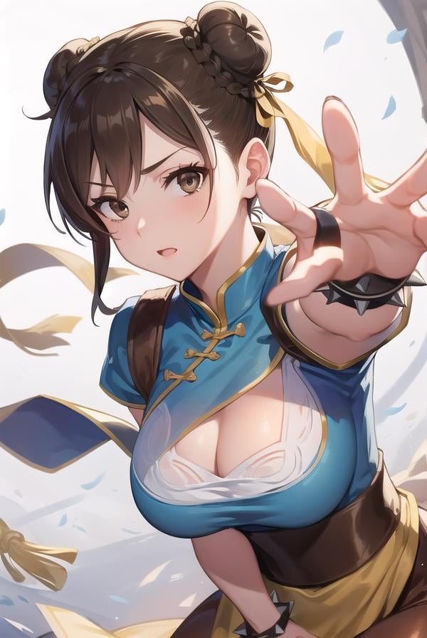 chunli, <lora:chun li v2-lora-nochekaiser:1>,chun li, (brown eyes:1.7), brown hair, (bun cover:1.5), double bun, eyeliner, hair bun, lipstick, makeup, pink lips,BREAK blue dress, boots, bracelet, brown pantyhose, china dress, chinese clothes, cross-laced footwear, dress, gold trim, jewelry, pantyhose, pelvic curtain, puffy sleeves, sash, short sleeves, side slit, spiked bracelet, spikes, white footwear,BREAK outdoors,BREAK looking at viewer, full body,BREAK <lyco:GoodHands-beta2:1>, (masterpiece:1.2), best quality, high resolution, unity 8k wallpaper, (illustration:0.8), (beautiful detailed eyes:1.6), extremely detailed face, perfect lighting, extremely detailed CG, (perfect hands, perfect anatomy),