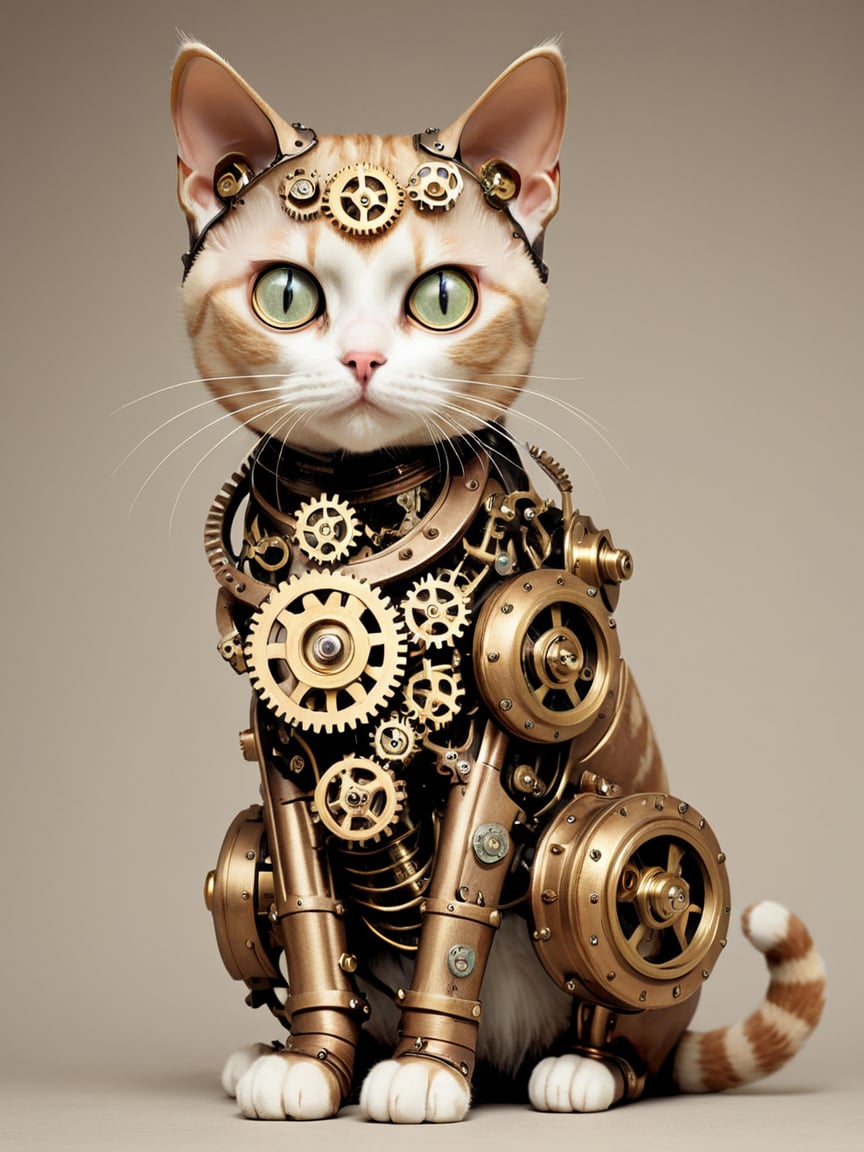 <lora:steampunkXL:0.7> steampunk, no humans, gears, simple background, cat, 