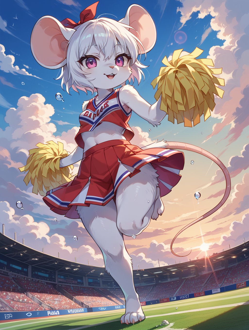 score_9, score_8_up, score_7_up,source_anime,BREAK,tomboy, furry female, furry, mouse, white fluffy fur, small breasts, feet, solo, cheerleader outfit, stadium, outdoors, cloud, sky, outdoors, sunset, large cloud, colorful cloud, cloudy sky, colorful sky, blue sky, sunlight, water drop, lens flare