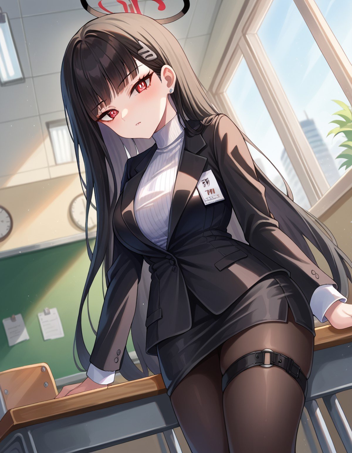 score_9, score_8_up, score_7_up, source_anime,riotsukatsuki, <lora:rio-tsukatsuki-ponyxl-lora-nochekaiser:1>,rio, black hair, red eyes, hair ornament, hairclip, halo, long hair,black footwear, black jacket, black pantyhose, black skirt, buttoned cuffs, high heels, jacket, long sleeves, office lady, pantyhose, ribbed sweater, skirt, sweater, thigh strap, turtleneck, turtleneck sweater, white sweater,indoors, classroom,looking at viewer, dutch angle, cowboy shot,