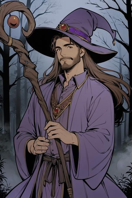 score_9, score_8_up, score_7_up, rating_safe, flat color, 1boy, solo, male focus, mature male, wizard, long hair, brown hair, black eyes, looking at viewer, hat, facial hair, beard, mustache, staff, wizard hat, purple hat, shirt, collared shirt, robe, purple robe, cloak, holding, holding staff, upper body, standong, outdoors, forest, nature, tree, fog, dark background <lora:LineArt Mono Style LoRA_Pony XL v6:1>