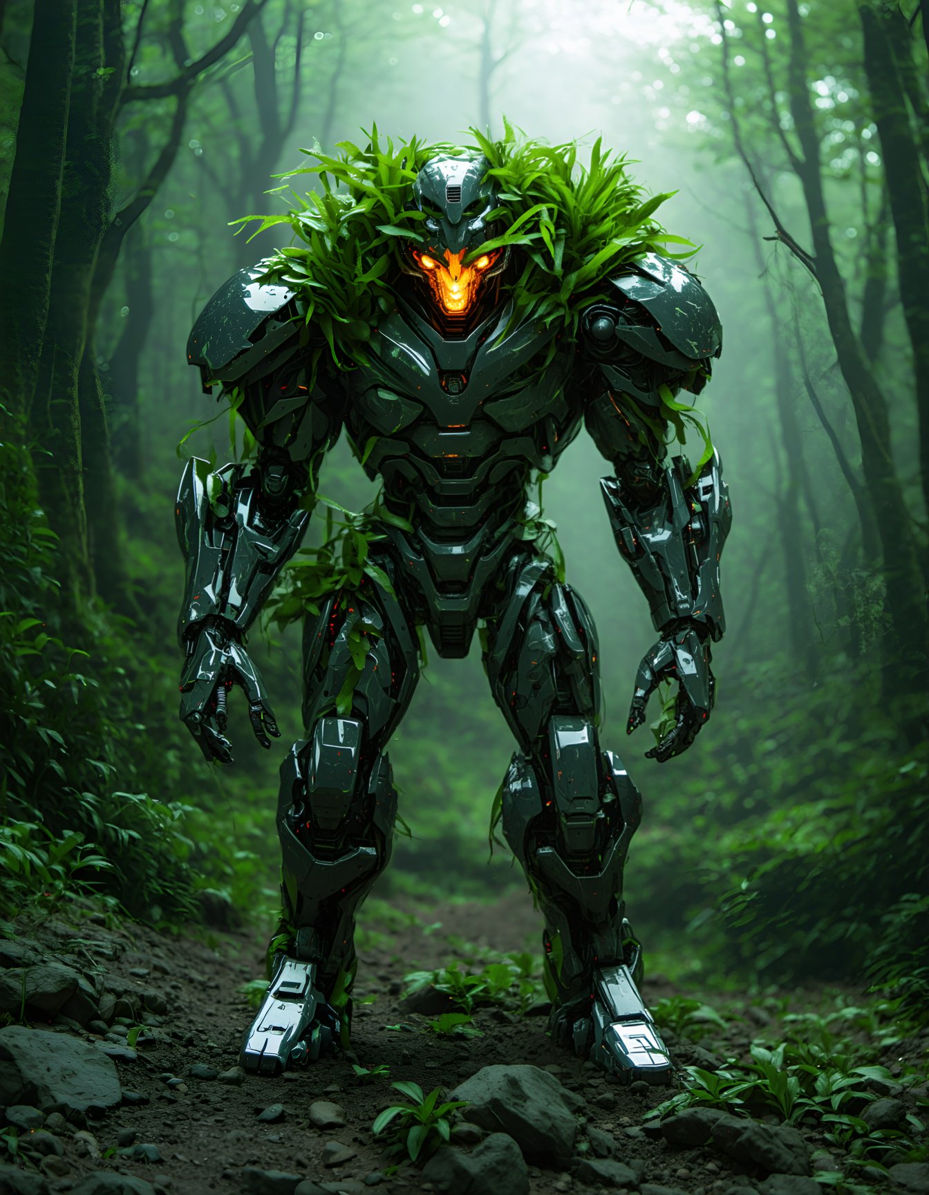 (best quality, 4K, 8K, high-resolution, masterpiece), ultra-detailed, realistic, photorealistic, cybernetic green humanoid creature, muscular build, robotic enhancements, overgrown with plants, biomechanical design, rugged texture, intense expression, standing on a rocky platform, lush green background, post-apocalyptic setting, detailed machinery, high detail, high resolution, 1creature, cybernetic, muscular, green, biomechanical, overgrown.,