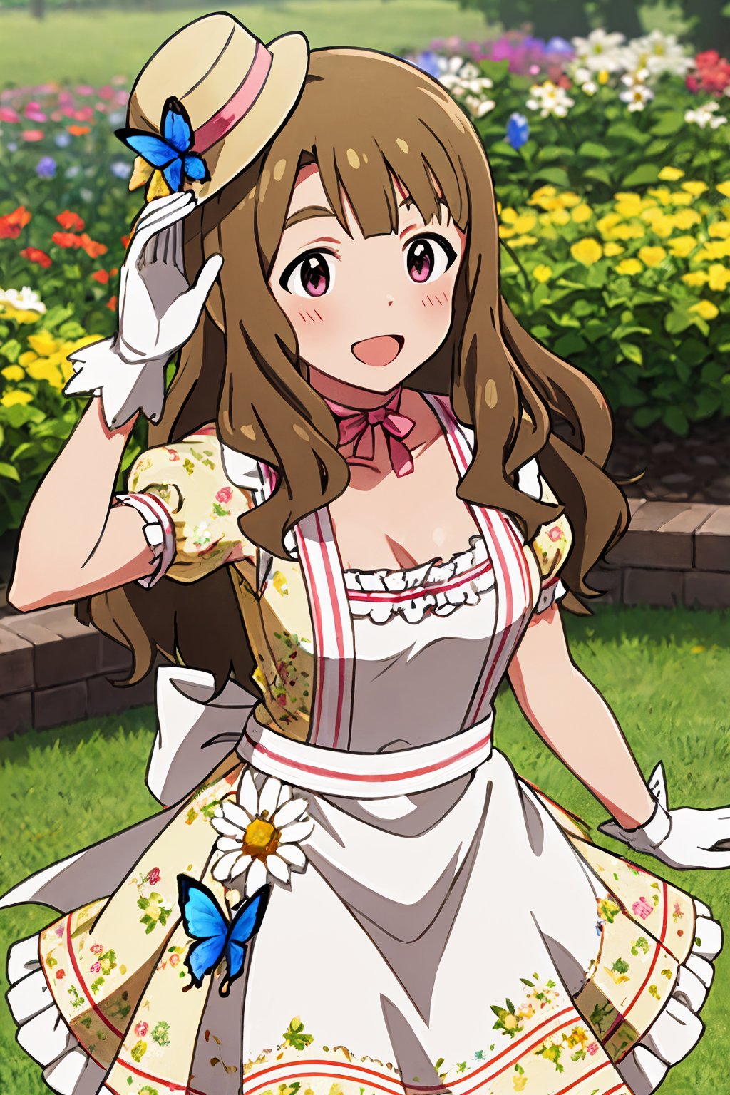 miyao miya, cheers everyone, cleavage, 1girl, blush, open mouth, wavy hair, medium breasts, smile, print dress, frilled dress, floral print, puffy short sleeves, white apron, hair flower, whistle, whistle around neck, white gloves, glove bow, mini top hat, tilted headwear, butterfly hat ornament, flower hat ornament, butterfly ornament, flower ornament, yellow dress, frilled apron, waist ribbon, yellow headwear, pink choker, ribbon choker, garden <lora:miyao_miya_locon_v2:0.7>