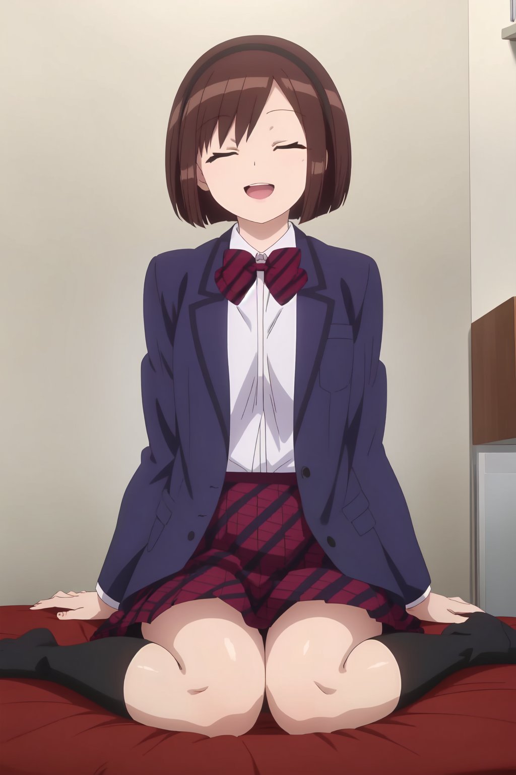 Ayami Sasaki, 4k, absurd, high resolution, ultra high resolution, high definition, masterpiece, illustration, 2d, anime style, 1girl, solo, smile, short hair, open mouth, skirt, brown hair, shirt, long sleeves, bow, sitting, school uniform, jacket, closed eyes, white shirt, :d, socks, bowtie, red bow, open jacket, ^_^, red skirt, wariza, blazer, blue jacket, black socks, red bowtie, facing viewer<lora:EMS-466062-EMS:0.800000>