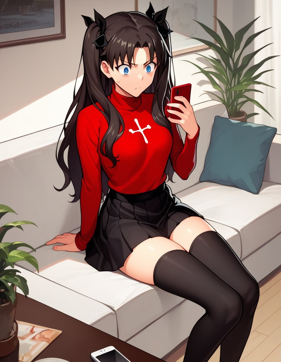 score_9, score_8, score_7, source_anime,rating_general,1girl, tohsaka rin, red turtleneck, black skirt, thighhighs, zettai ryouiki, living room, sofa, sitting, looking at phone, surprised, annoyed, sweatdrop, plant