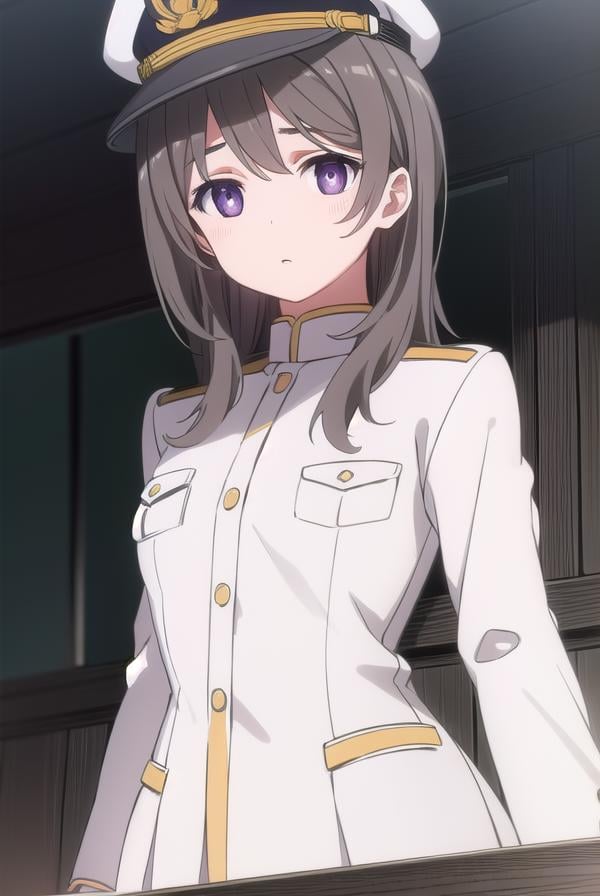 chinamoeka, <lora:china moeka s1-lora-nochekaiser:1>,china moeka, long hair, brown hair, (purple eyes:1.1),BREAK hair ornament, hat, hairclip, uniform, military, military uniform, peaked cap, naval uniform, (white uniform:1.5),BREAK outdoors, ship, navy,BREAK looking at viewer, (cowboy shot:1.5),BREAK <lyco:GoodHands-beta2:1>, (masterpiece:1.2), best quality, high resolution, unity 8k wallpaper, (illustration:0.8), (beautiful detailed eyes:1.6), extremely detailed face, perfect lighting, extremely detailed CG, (perfect hands, perfect anatomy),