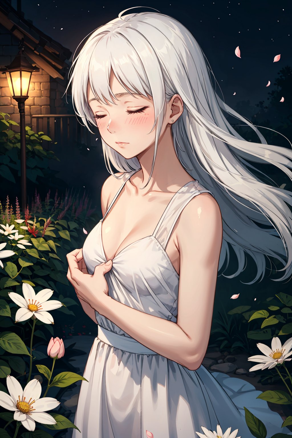 1girl, mature face, mature female, blush, erotic, closed eyes, calm expression, sleeping, white hair, long hair, small breast, white sleeveless dress, garden, floating petals, ambient lighting, night, looking at the viewer, foggy