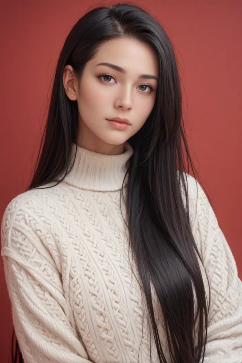 score_9,score_8_up,score_7_up, 20 years old, 8k, hd, beautiful girl, black hair, very long hair, straight hair, closed mouth,1girl, detailed face, beautiful woman's face, sweater, red background, looking at viewer,