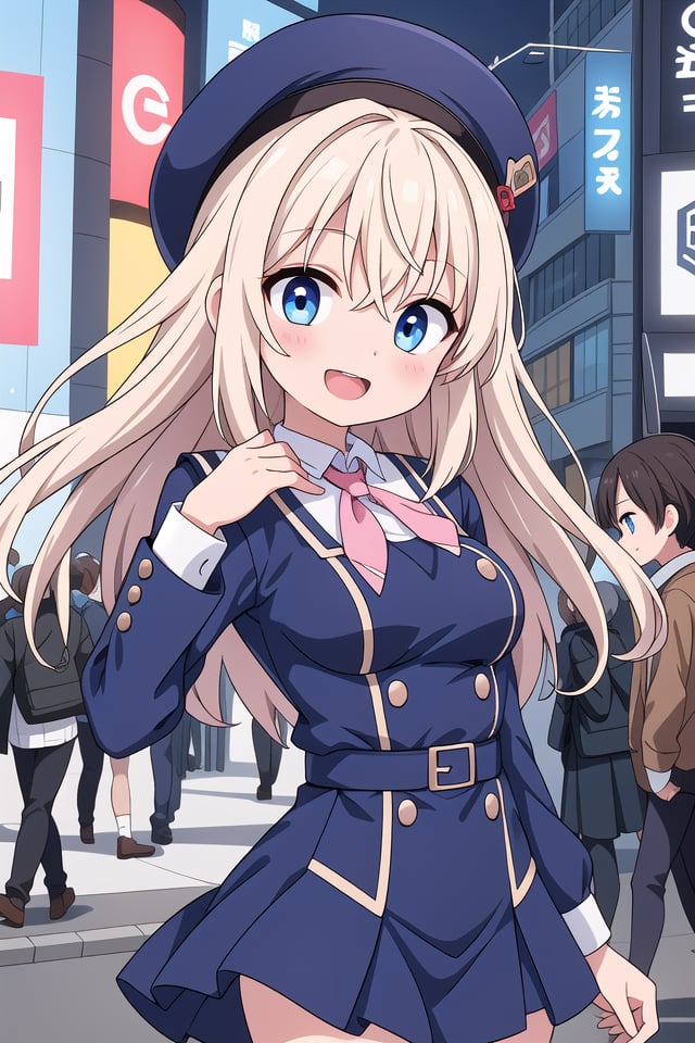 insanely detailed, absurdres, ultra-highres, ultra-detailed, best quality,1girl, solo, nice hands, perfect hands,BREAK,(wearing winter school uniform),happy smile, laugh, open mouth,dynamic pose, cowboy shot, looking at viewer,BREAK,slender, kawaii, perfect symmetrical face, ultra cute girl, ultra cute face, ultra detailed eyes, ultra detailed hair, ultra cute, ultra beautiful,by Canon EOS, SIGMA Art Lens 35mm F1.4, ISO 200 Shutter Speed 2000,in harajuku, shibuya, tokyo, street, crowd, cityscape,medium large breasts,BREAK,, (white) blonde hair, medium hair, messy hair, blue eyes, hair between eyes