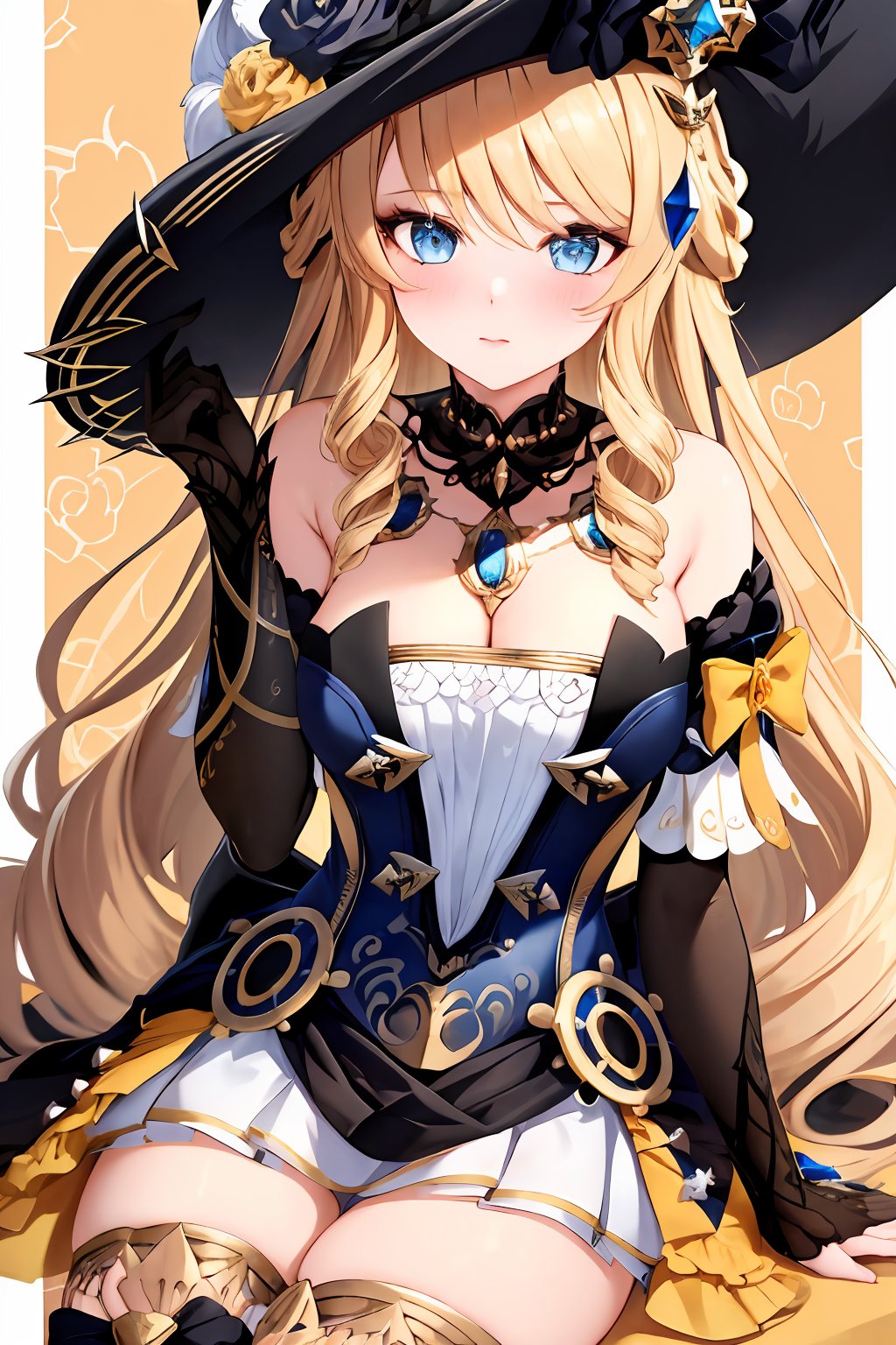 masterpiece, best quality, 1girl, GINavia, breasts, bangs, blonde hair, dress, cleavage, strapless, detached sleeves, black gloves, witch hat, gem, jewelry, hair bow, cowboy shot, looking at viewer, black sunglasses, cropped legs, thighhighs, single glove, sitting, full-face blush, close up, 