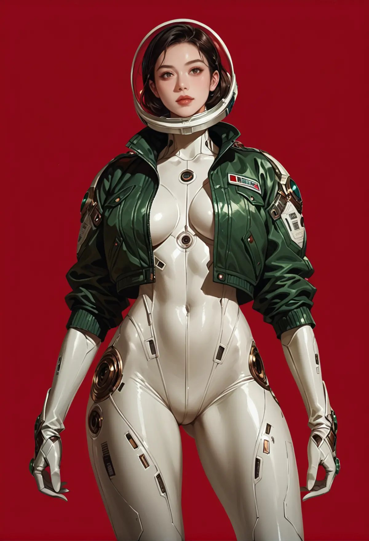 1girl,solo,red background,cowboy shot,,ruanyi0812,white bodysuit,skin tight,science fiction,green jacket,open jacket,spacesuit,<lora:0812 TheFirstDescendant Clothing_v1_pony:1>, score_9,score_8_up,score_7_up,,8k,1girl,solo,,