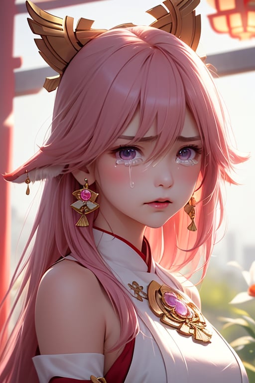 ba shen zi,1girl,solo,purple eyes,pink hair,animal ears,long hair,hair between eyes,blush,fox ears,bare shoulders,jewelry,earrings,bangs,closed mouth,japanese clothes,portrait,bright personality,optimistic outlook,free-spirited,carefree attitude,playful spirit,(positive vibes:1.2),<lora:aki-000002:0.5>,(an angry and flushed expression:1.1),flower lantern background,(slightly open your mouth:1.5),(tears:1.5),cry,