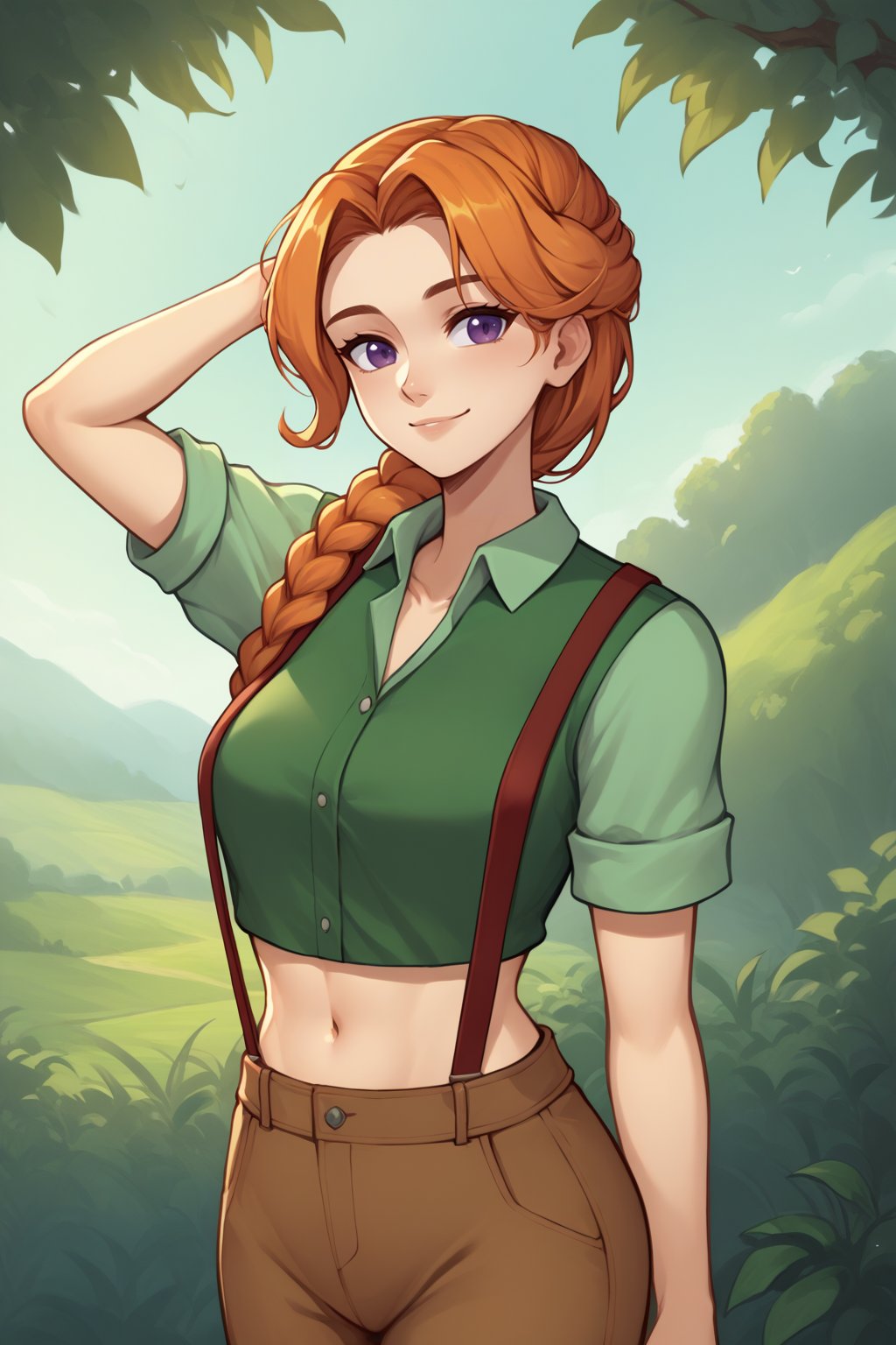 source_anime, score_9, score_8_up, 1girl, solo, <lora:NSLeahStardew:1> NSLeahStardew, orange hair, long hair, braid, braid in front, single braid, purple eyes, suspenders, green collared shirt, midriff, navel, slight smile, hand behind head, brown pants, outdoors