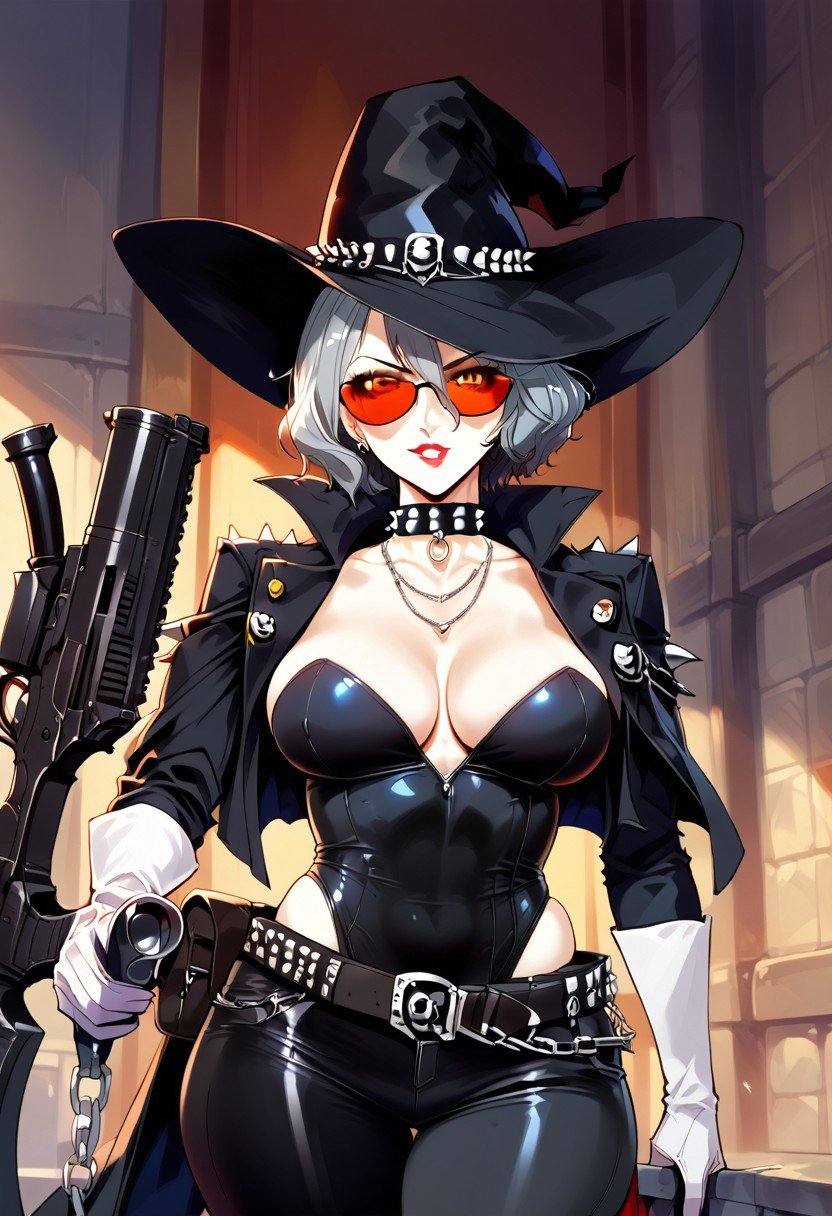 score_9,score_8_up,score_7_up,source_anime, Victoria Fent,1girl,solo,breasts,looking at viewer,large breasts,gloves,hat,holding,cleavage,jewelry,collarbone,jacket,weapon,cowboy shot,earrings,parted lips,choker,belt,pants,white gloves,necklace,holding weapon,collar,leotard,gun,black headwear,makeup,chain,highleg,black pants,sunglasses,lipstick,holding gun,black leotard,spikes,cropped jacket,shiny clothes,black bodysuit,red lips,tinted eyewear,spiked collar,red-tinted eyewear,leather pants,