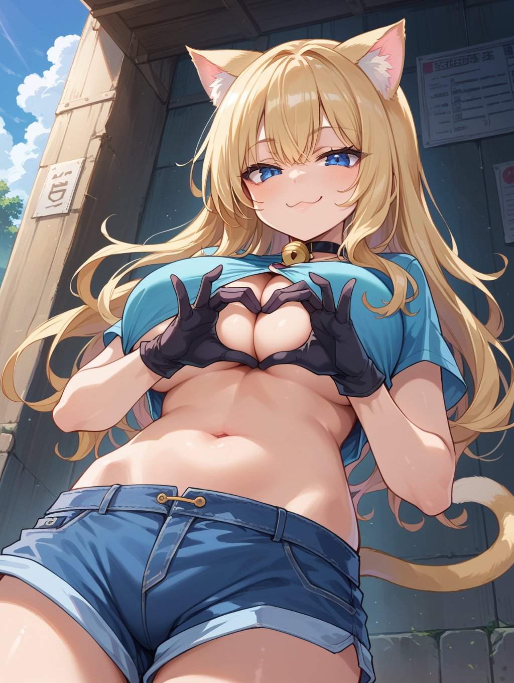 score_9, score_8_up, score_7_up,source_anime,BREAK,1girl, blonde hair, blue eyes, cat ears, bell, o-ring top, cleavage, underboob, black gloves, shorts, cat tail, large breasts, breasts squeezed together, looking at you, from below, smug, heart hands