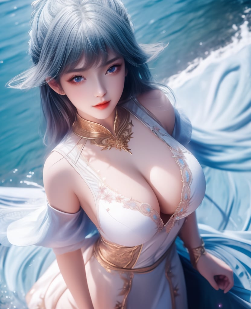 <lora:斗罗大陆-唐舞桐-海神缘:0.8> (,1girl, ,best quality, ),looking at viewer,  ,ultra detailed 8k cg, ultra detailed background,  ,masterpiece, (( , )) , lake,upper body,   (cleavage), (),