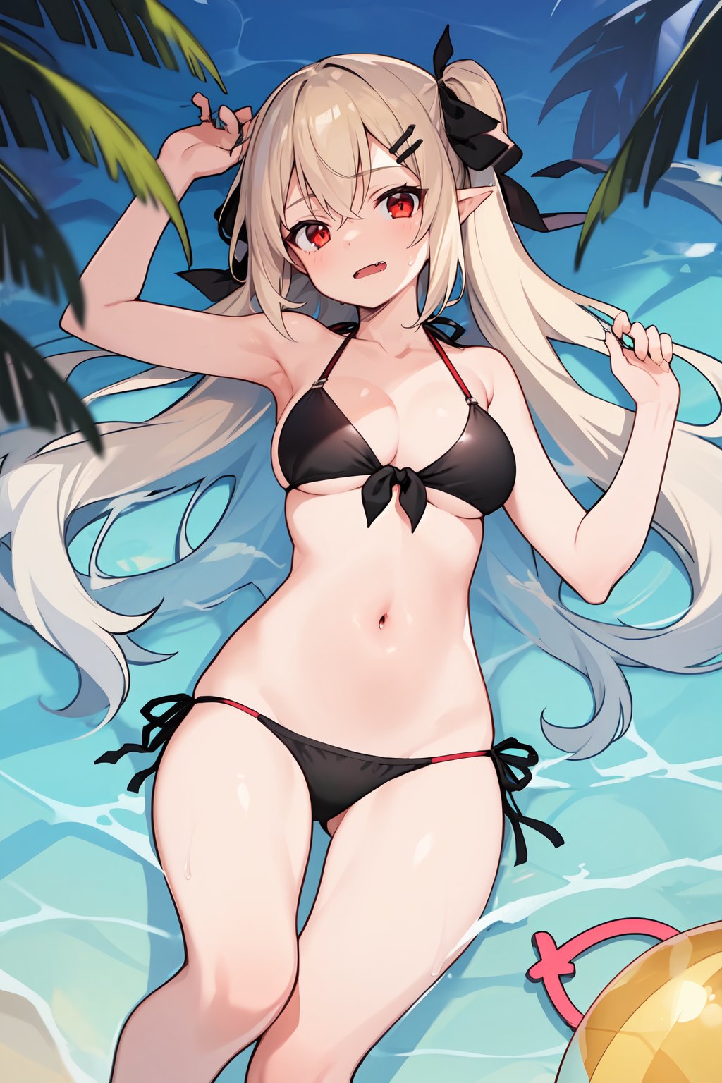 1girl, , bikini, black bikini, black ribbon, blonde hair, breasts, fang, front-tie top, hair flaps, hair ornament, hair ribbon, hairclip, long hair, looking at viewer, lying, medium breasts, navel, on back, open mouth, red eyes, ribbon, shiny skin, side-tie bikini bottom, solo, swimsuit, 