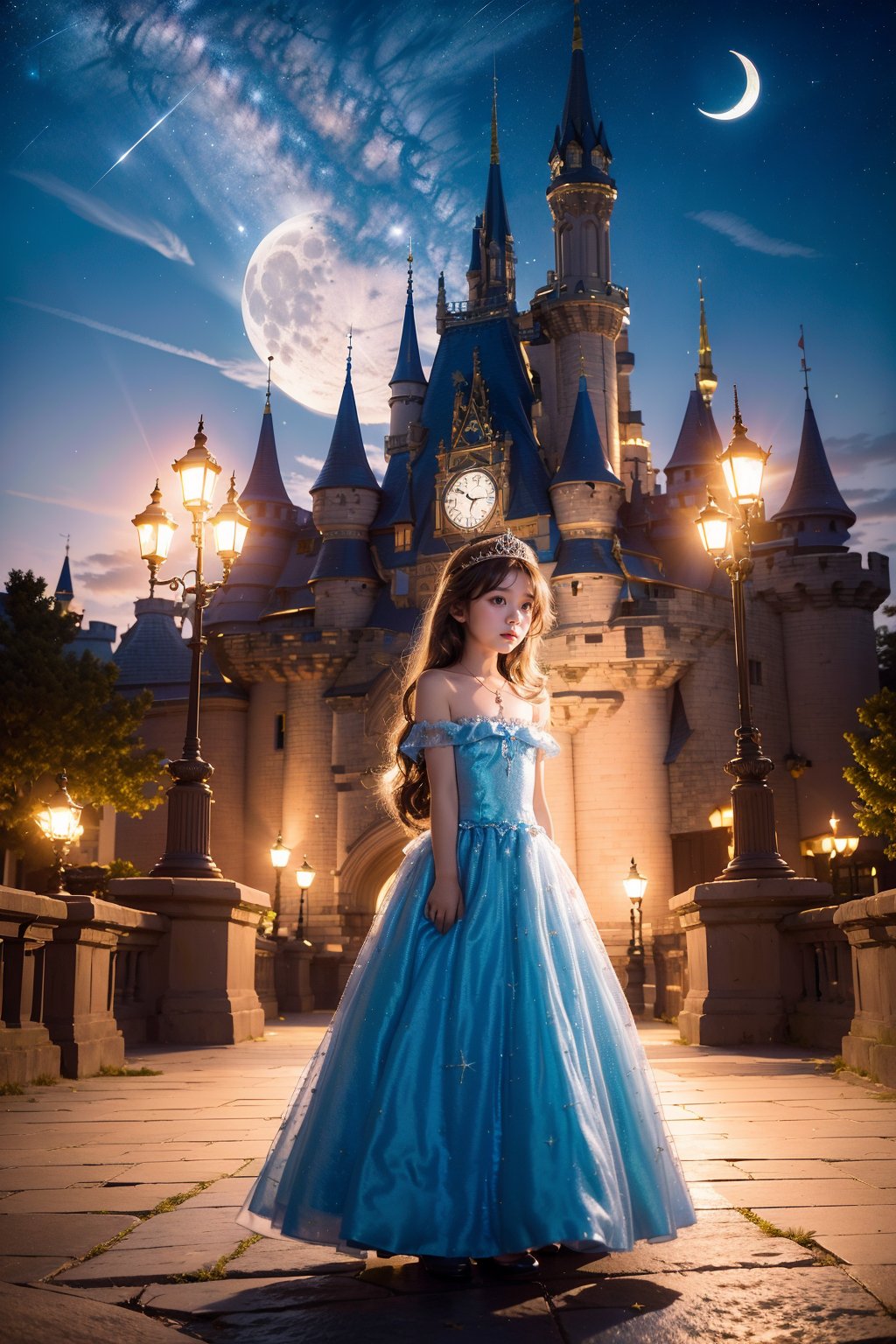 (5 year old girl:1.4),1girl,dress,clock,night,sky,blue dress,solo,tower,moon,castle,tiara,clock tower,crescent moon,night sky,long hair,star (sky),own hands together,bare shoulders,brown hair,outdoors,v arms,long dress,starry sky,standing,lamppost,strapless dress,looking at viewer,princess,building,blue eyes,tree,crescent,jewelry,off-shoulder dress,shooting star,cloud,scenery,hair ornament,strapless,pavement,full body,<lora:HUIGUNIANG_20240420203954:0.8>,