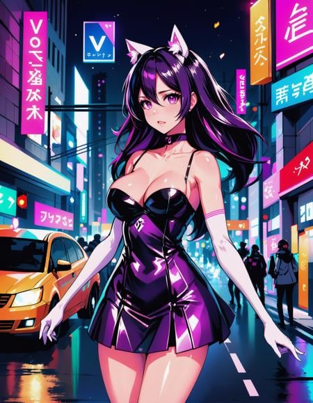 a failed vtuber working the streets, night district, hyperrealistic