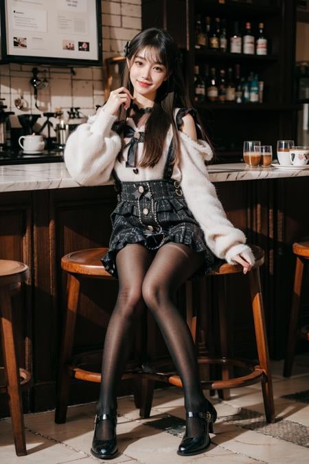 best quality, realistic, photorealistic, masterpiece, 1girl, solo, black hair, long hair, straight hair, looking at viewer, smile, sitting on stool, full body, dating attire, sweater, white sweater, bow sweater, shoulder cutout, skirt, buttons skirt, suspender skirt, pantyhose, shoes, in cafe, coffee, people, detailed background, <lora:dating_attire_style8_v1:0.7>, <lora:Background Detail Enhanced_Si_v3.0:1.2>