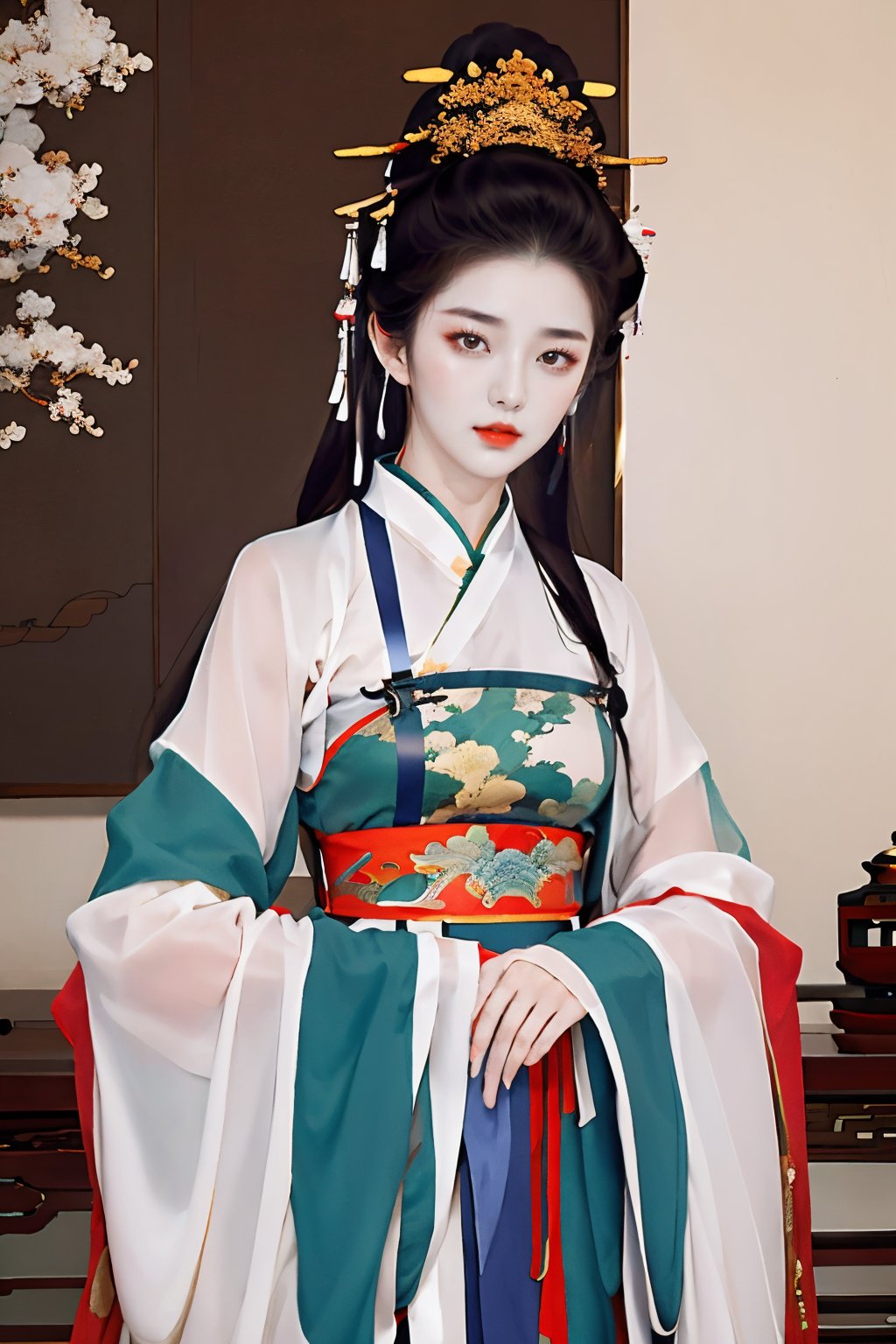 gufeng02,1girl,solo,chinese clothes,looking at viewer,upper body,wide sleeves,breasts,sash,<lora:gufeng2-1.5:1>,, masterpiece, best quality,